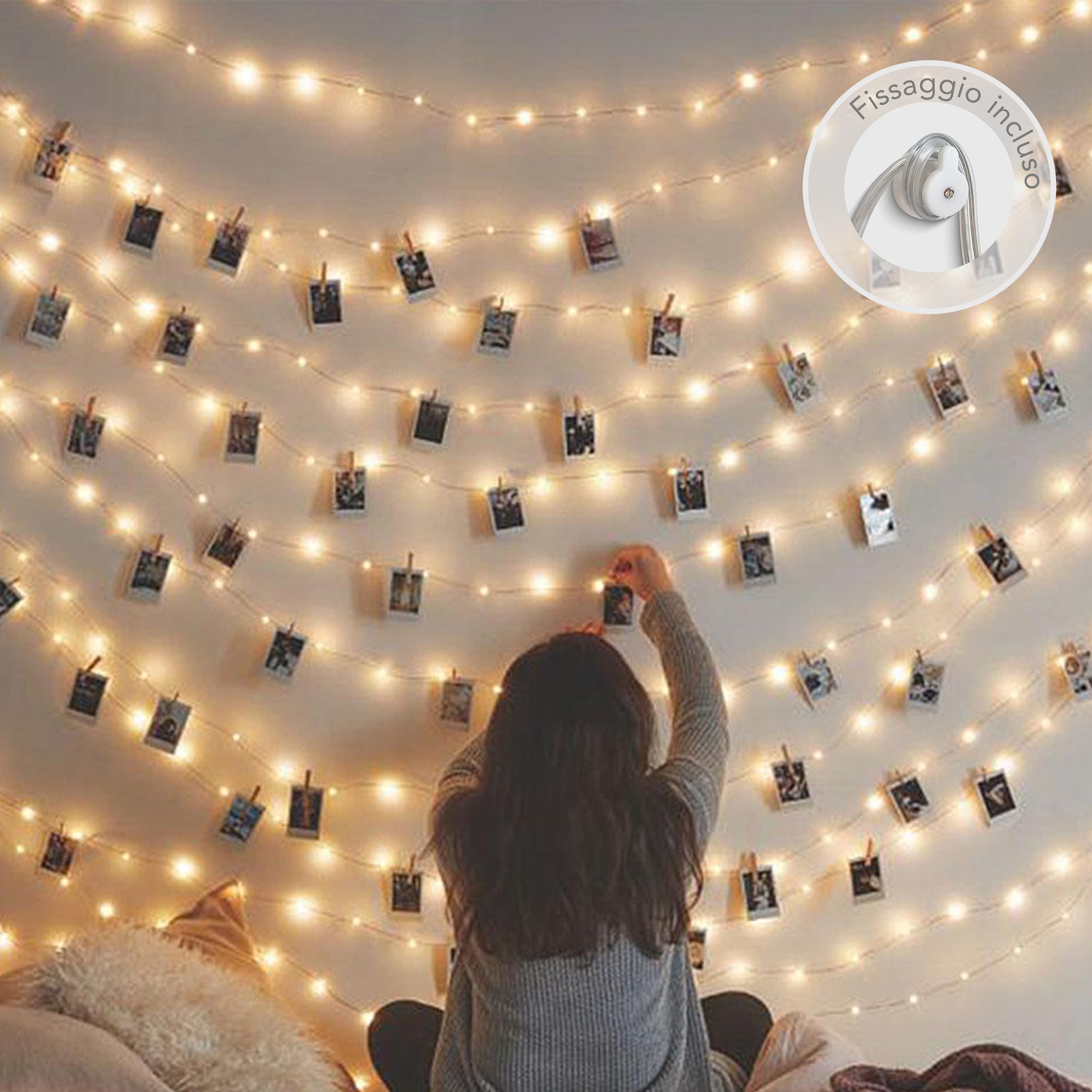 LAC - Luci LED 5M Con 30 Mollette, A Batteria, Per Decorare Con Foto - Bianco Caldo
