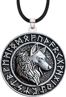 HAQUIL Viking Wolf Necklace, Ancient Runes Medallion with Fenrir Wolf Head Pendant, Viking Jewelry Gift