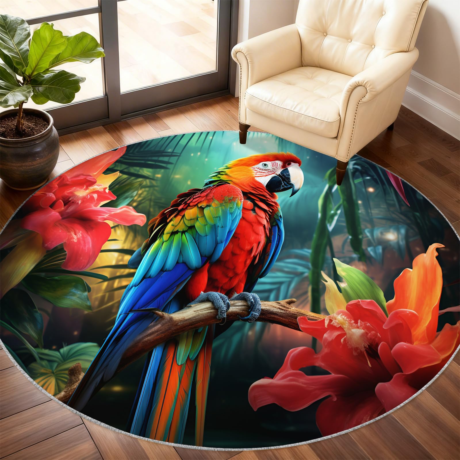 Tapis rond perroquet antidérapant et lavable à poils courts