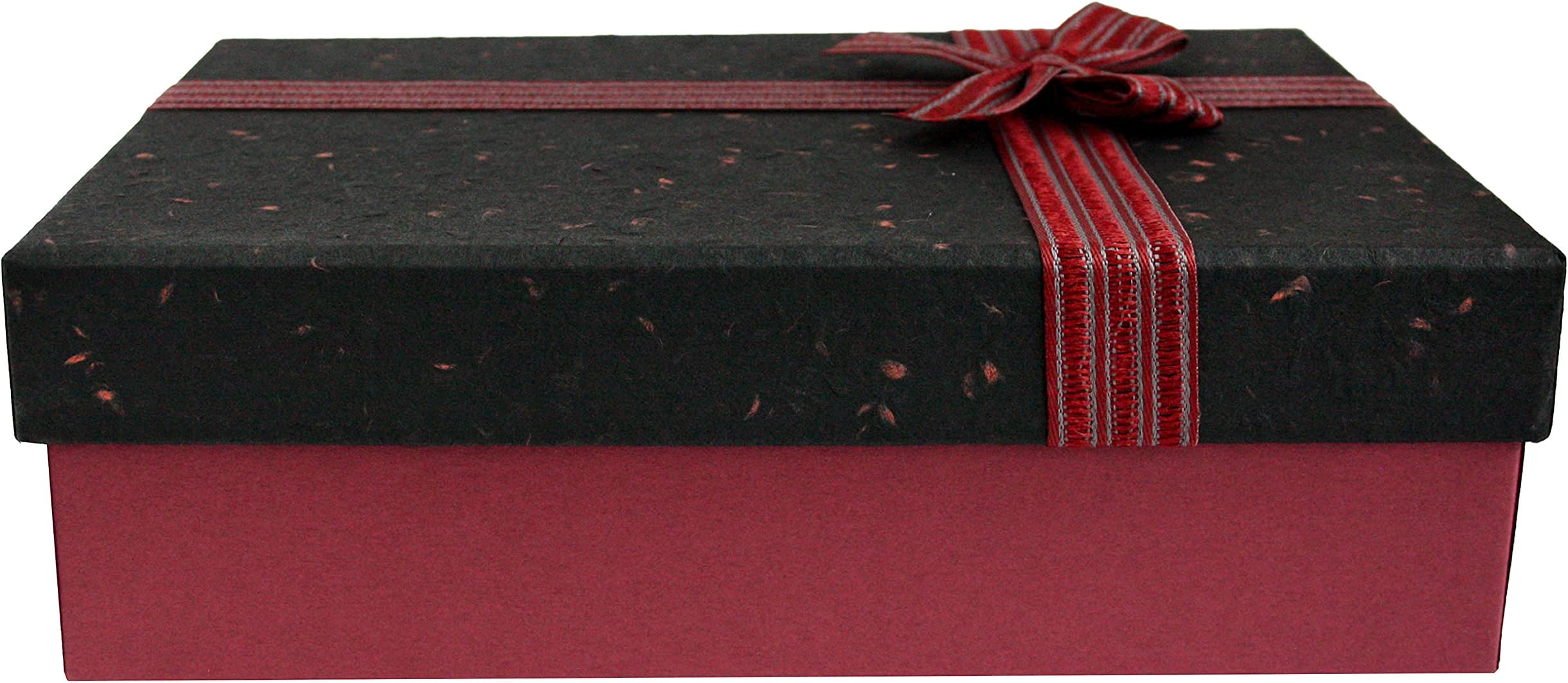 Emartbuy Rigid Gift Box, 33.5 x 25 x 11.5 cm, Textured Burgundy Box with Black Lid, Striped Decorative Ribbon and 100g Shredded Paper in Black