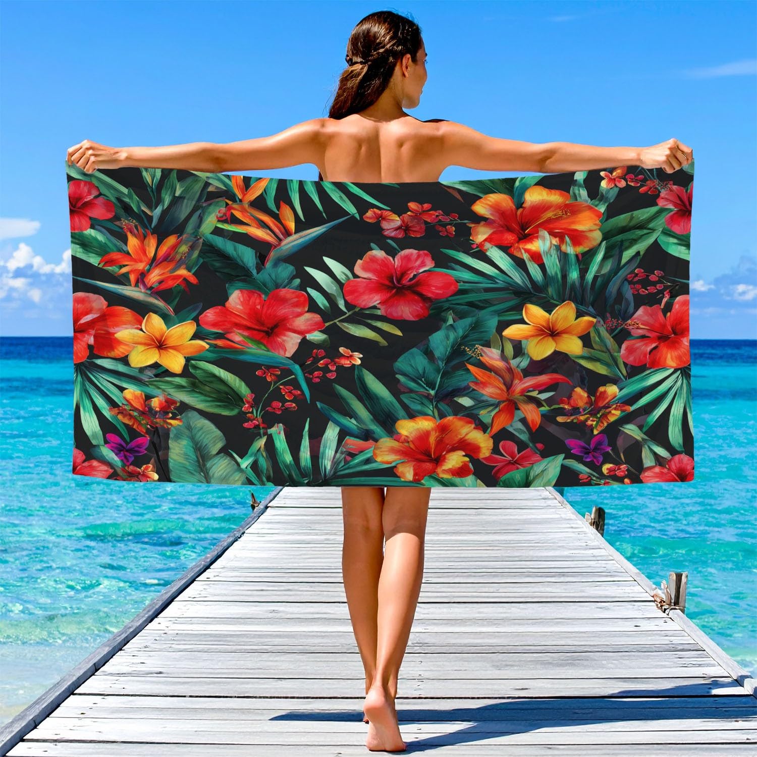 Tropische Dschungelblumen Retro Laub Strandtuch 230 x 210 cm – Saugfähiges Schnell trocknendes Strandtuch Regenwald Urlaub Reich Ornamental Botanisch für Campen, Picknick, Ausflüge