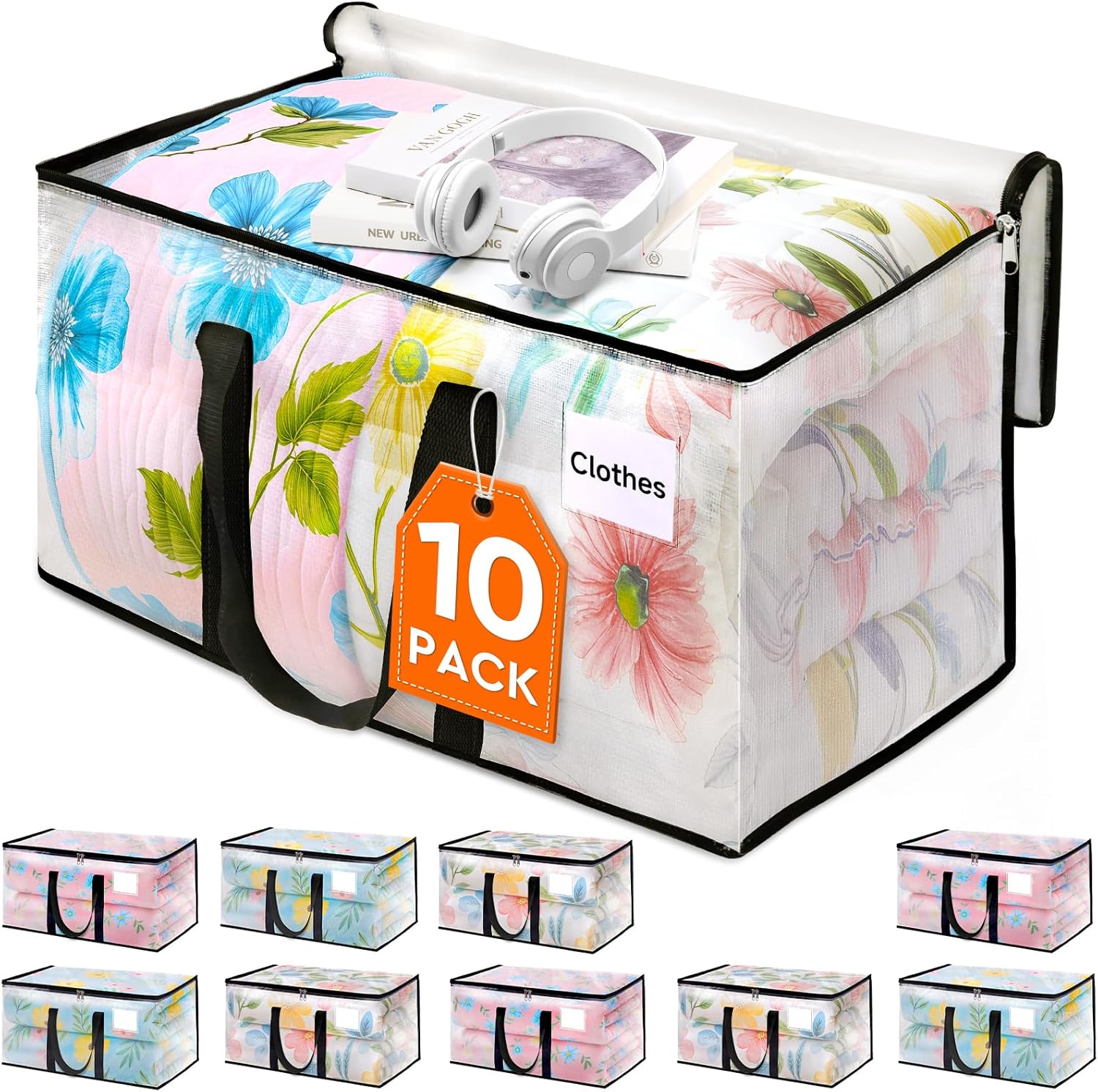 HomeHacks Clear Moving Bags Heavy Duty 10 Pack, Storage Bags with Zipper, Extra Thick Handles & Waterproof Packing Boxes for Moving, Camping, Home Organization 93L/24Gal (28.7"x14.2"x14")