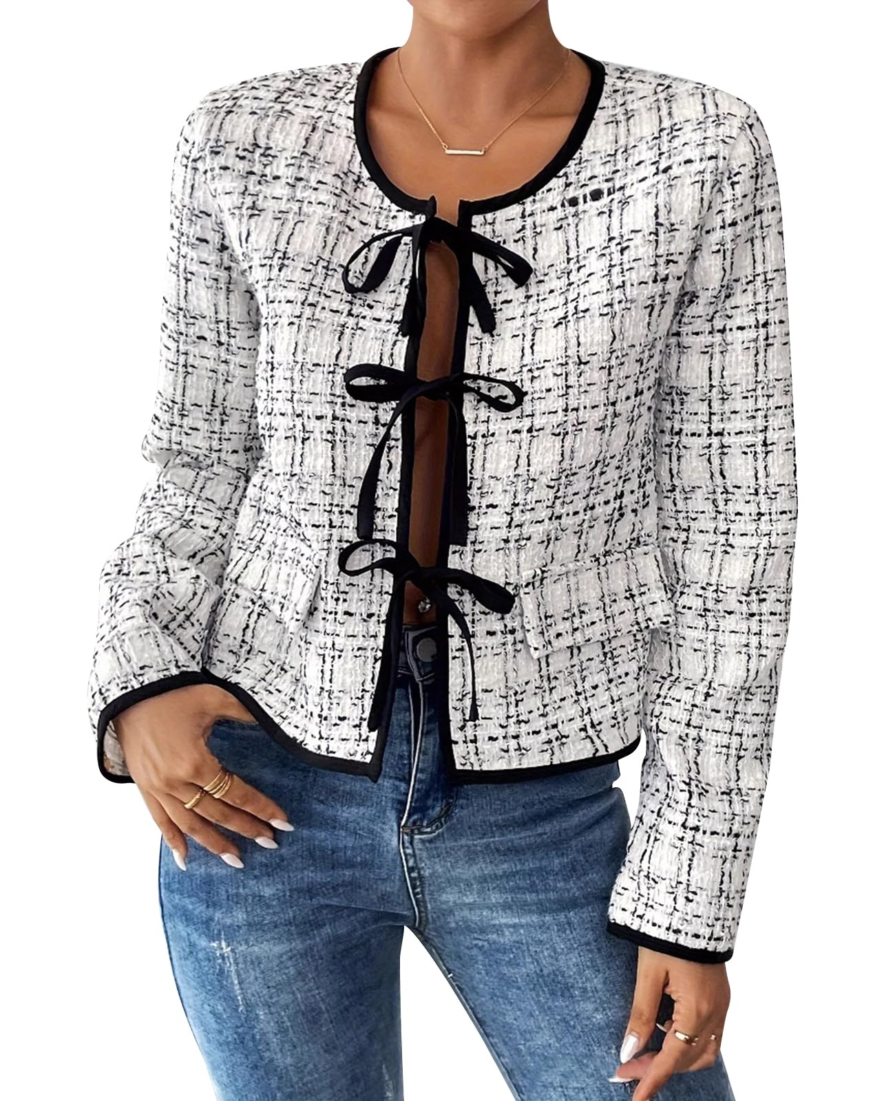 MINTLIMIT Womens Tweed Blazers Cropped Long Sleeve Crewneck Open Front Lightweight Plaid Work Business Jackets