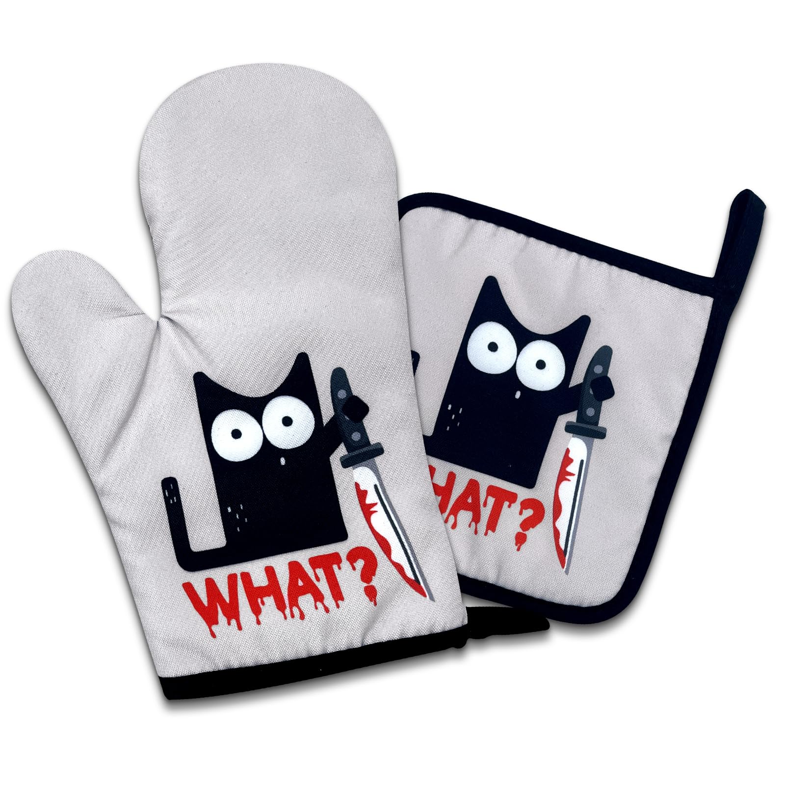 Dhecvbd What, Funny Oven Mitts and Pot Holders (Set of 2) with Hanging Loop Silicone Non-Slip,Cat Themed Kitchen Gifts for Cooking and Baking, Cat Moms and Dads