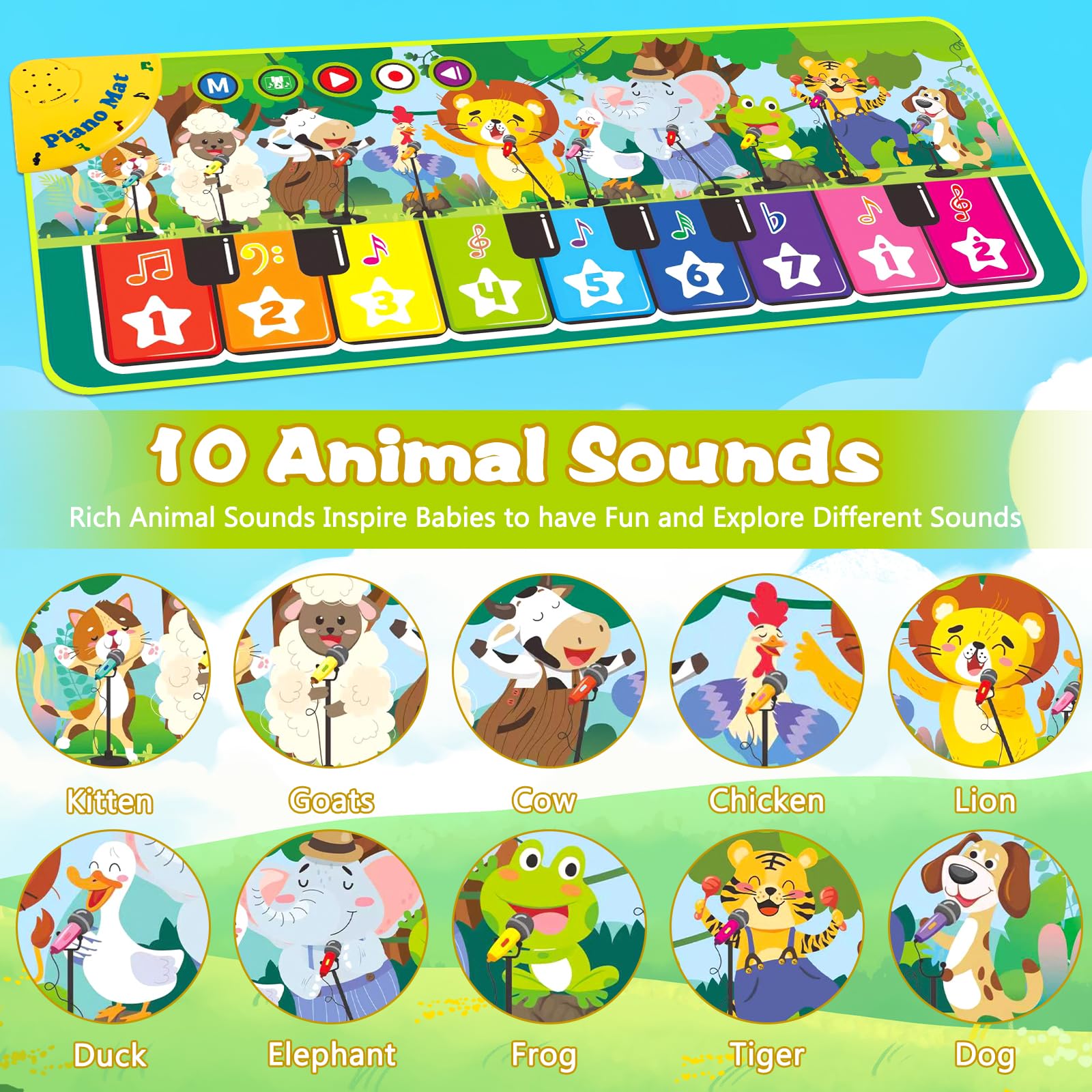 Piano Bebe, Alfombra Musical con 10 Animales, Alfombra Musical Bebe 1 Año, Alfombra de Piano, Juguete Musical Bebe, Niños y Niñas & Regalos de Cumpleaños (110×43cm)