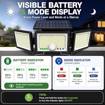 Solar Lights Outdoor, 286 LED 2500LM Solar Motion Sensor Light with Power Display & Mode Indicators, 6500K Adjustable 3-Head Security Flood Light, IP65 Waterproof for Garden, Garage, Yard (2-Pack) [Energy Class A+++]