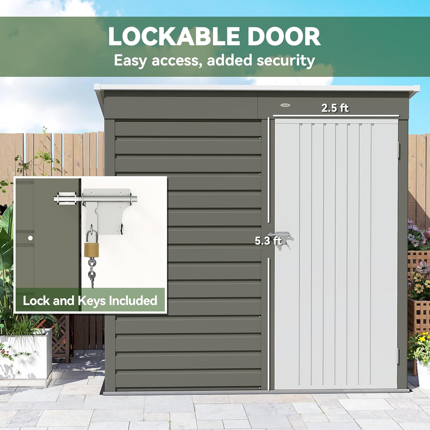 Close-up of the shed's lockable door with padlock and keys