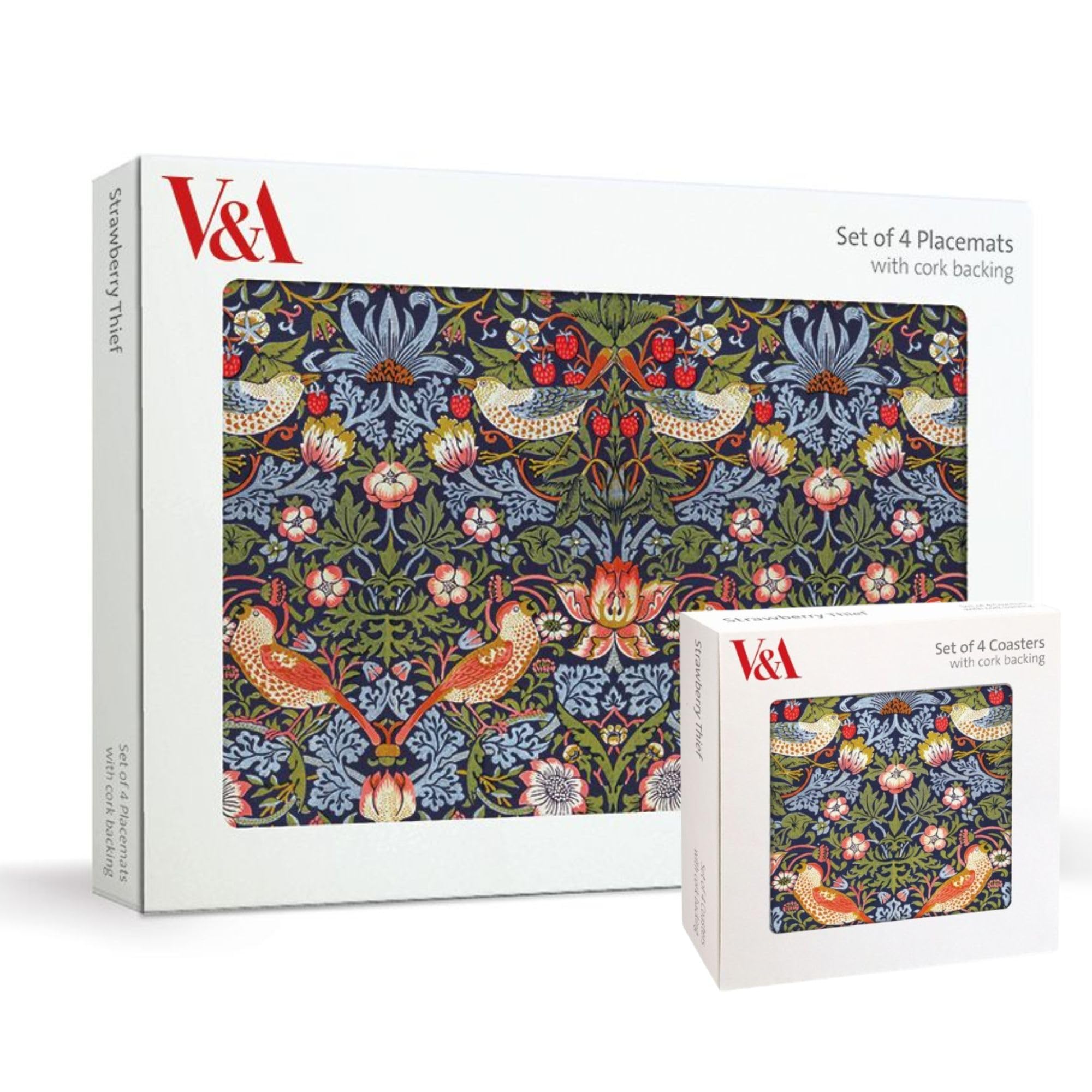 Museums & Galleries Cork Backed Placemats and Coasters Set of 4 - William Morris Strawberry Thief Design - V&A Statement Table Mats for the Home
