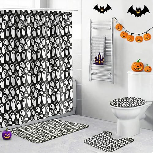 Miniatura 30 de Juego de 4 cortinas de ducha de Halloween, juego de baño de Halloween con cortina de ducha y alfombras, cubierta de tapa de inodoro, cortina de