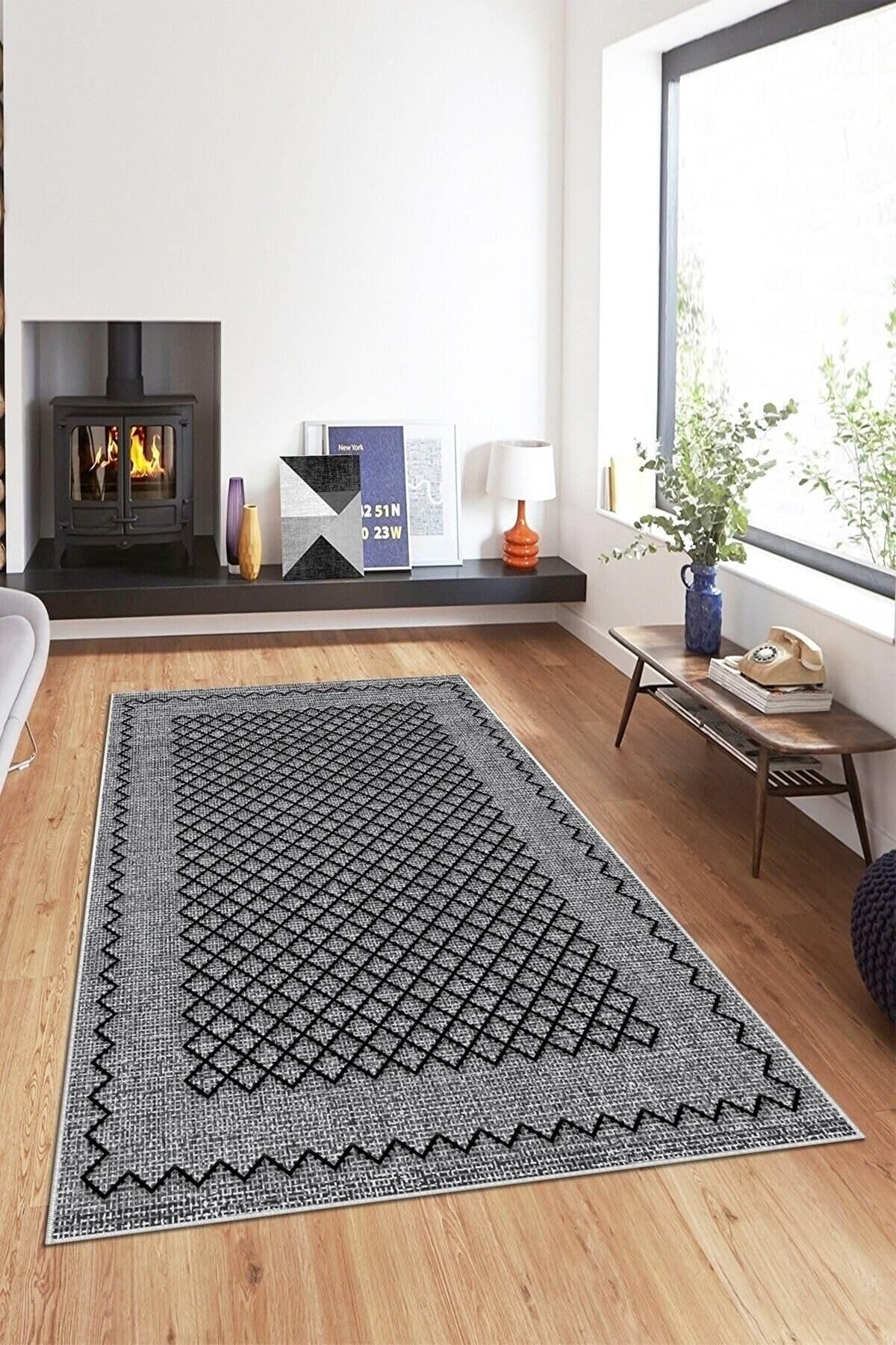 Pelangi Gri Kenar Işleme Yıkanabilir Kaymaz Taban Leke Tutmaz Modern Salon Halısı Ve Yolluk, Koyu Gri-Siyah 120 x 180, 135809212018005