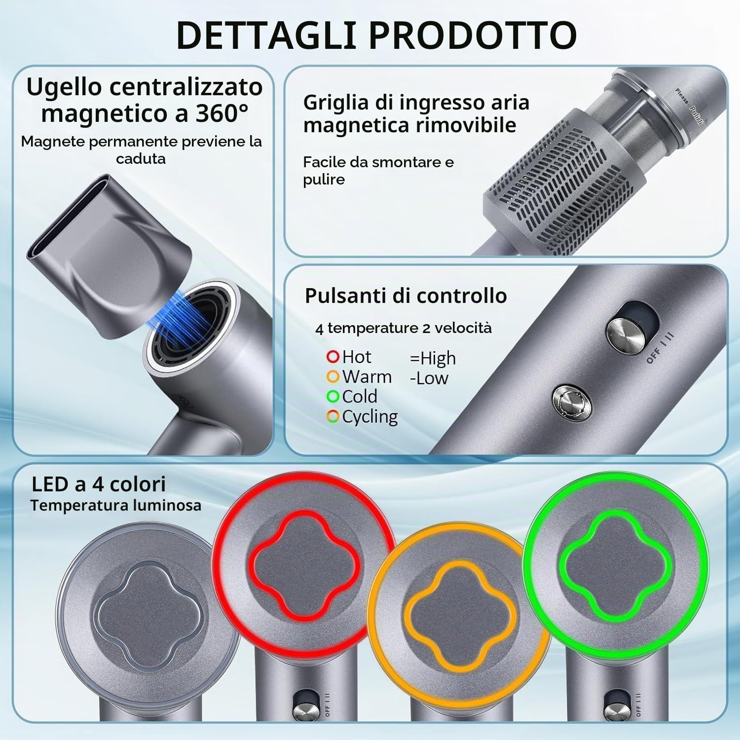 asciugacapelli AC 1600 W, con diffusore, 2 velocità e 4 temperature (argento)