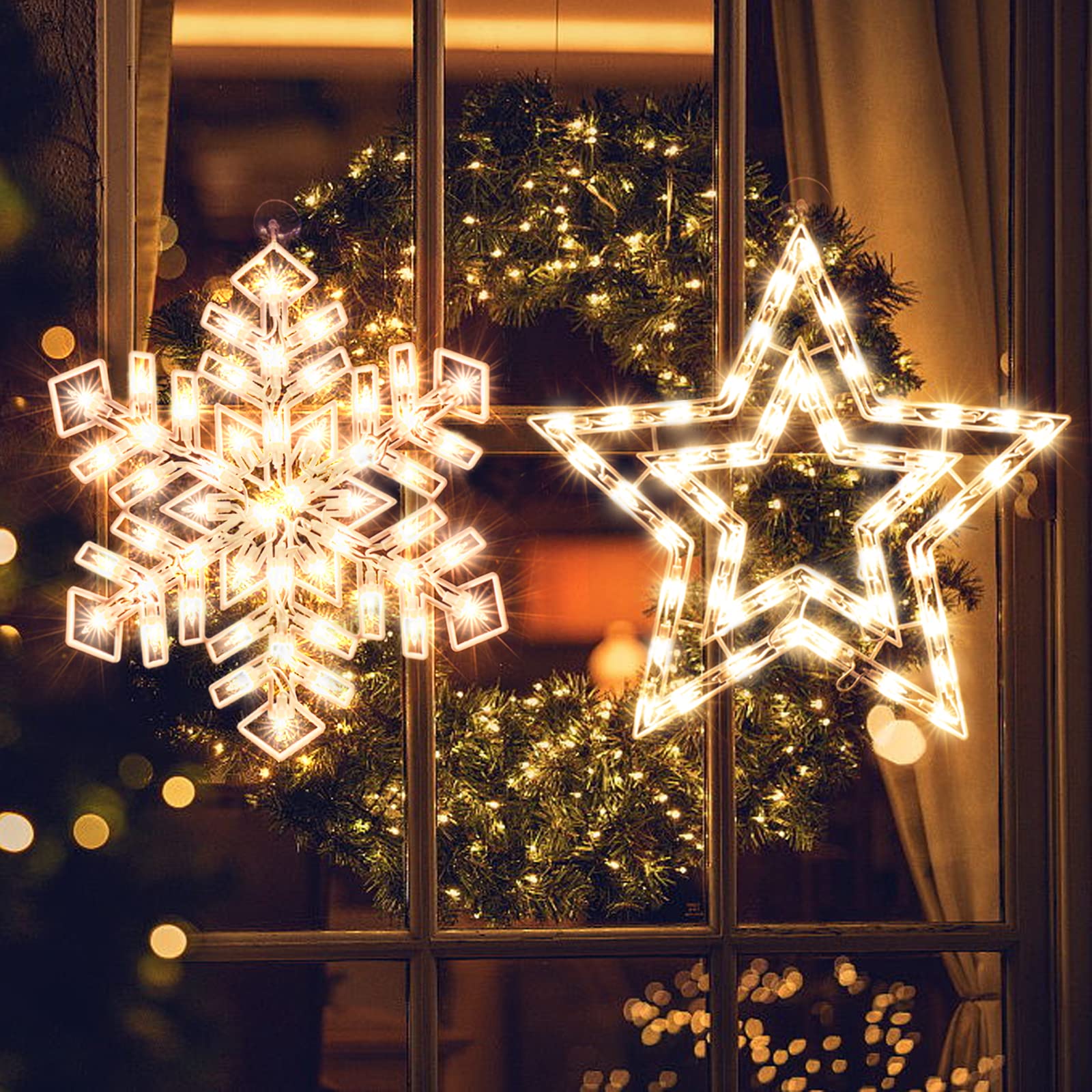 GLOWNOVA 50L19'' 2 Pack Christmas Window Silhouette Lights Decorations, Window Lighted Snowflake and Star for Home Indoor Wall, Patio Lawn