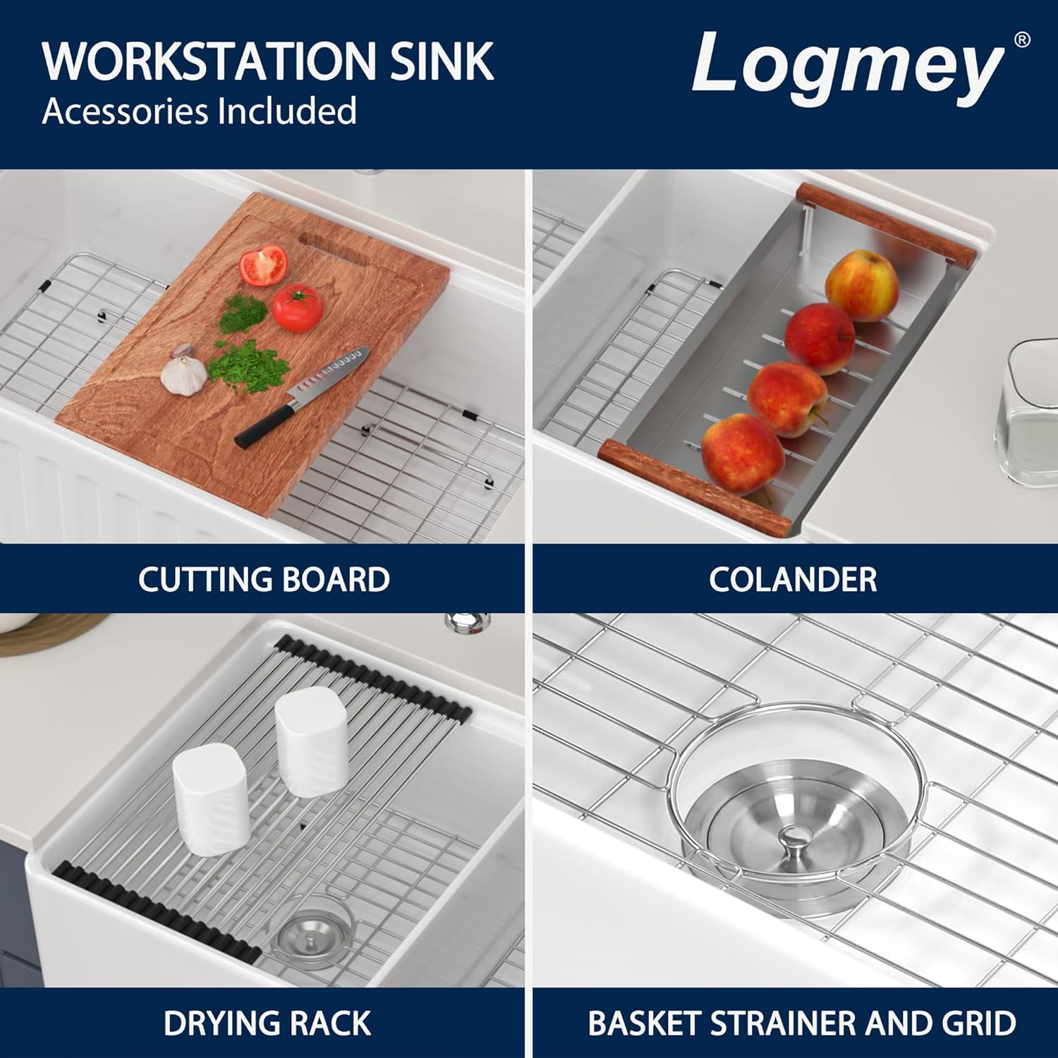 Logmey 33 Inch Workstation Farmhouse Apron Front Kitchen Sink 33 x 20 x 10 Inch Undermount 50/50 Double Bowls White Fireclay Ceramic Kitchen Sink