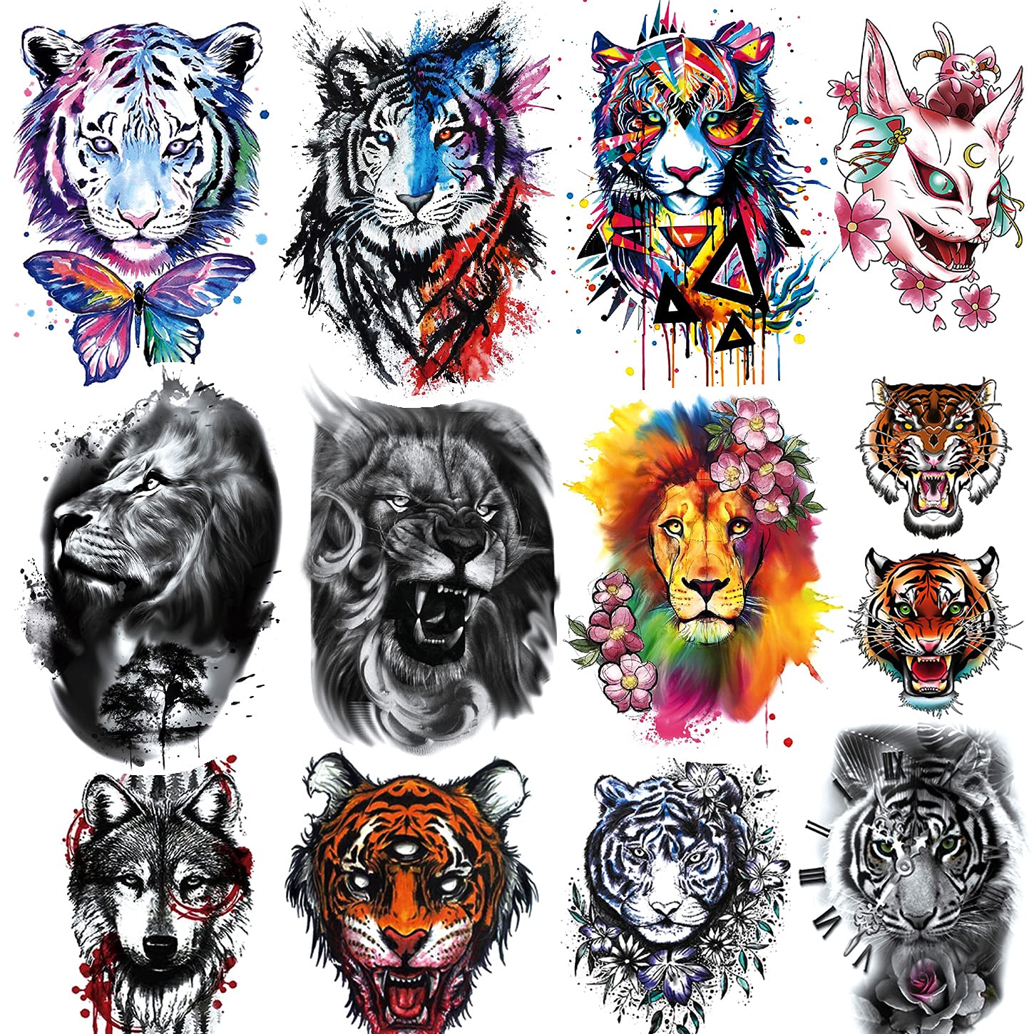 Amazon Com 12 Sheets Padoun Temporary Tattoos Animal Set Big Half Arm Sleeve Tattoos Realistic Large Wolf Tiger Lion Tattoo Stickers For Men Women Adults Girls Boys Beauty Personal Care