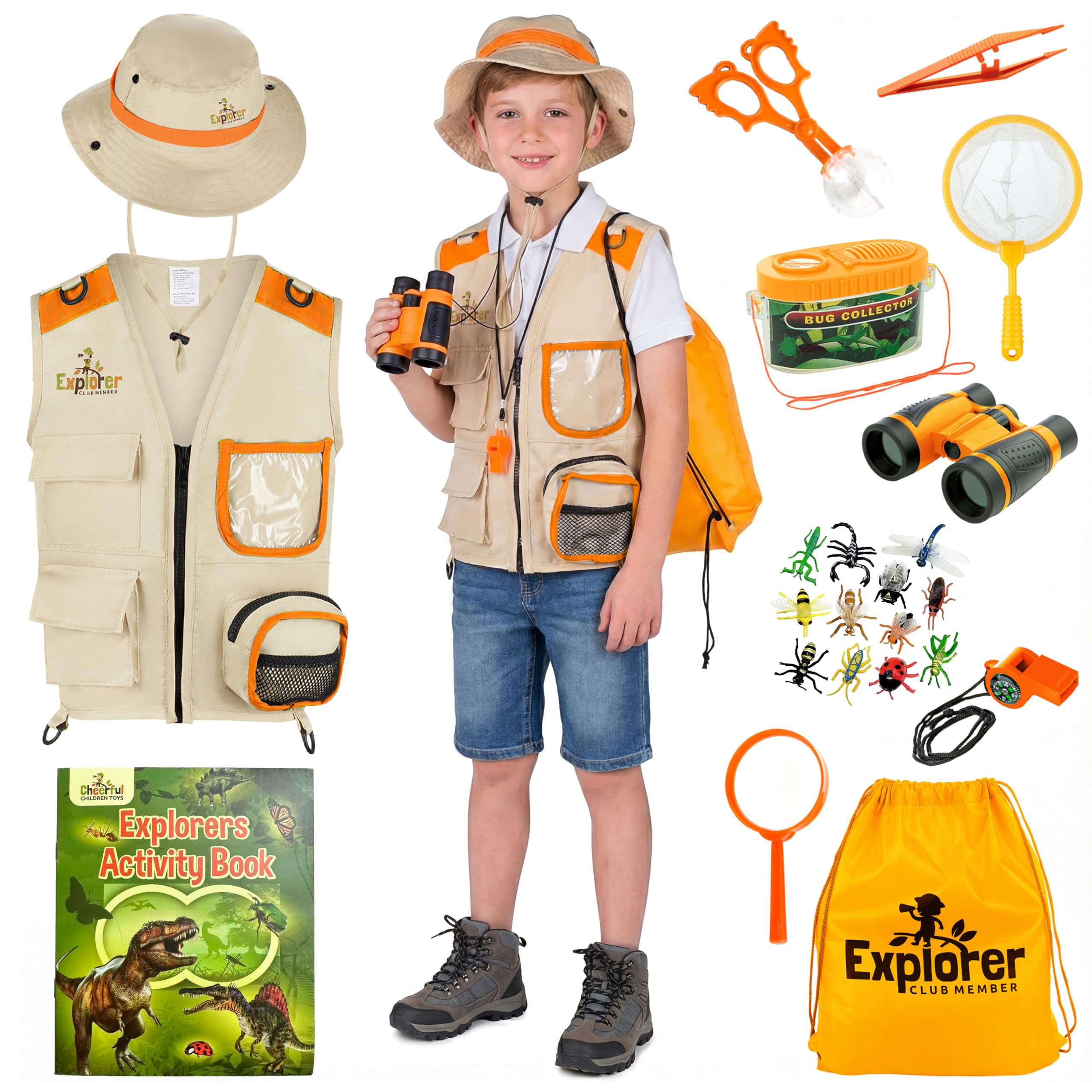 Kids Explorer Kit with Activity Book, Bug Hunting Kits for Children with Safari Vest Zoo Keeper Hat & Kids Binoculars