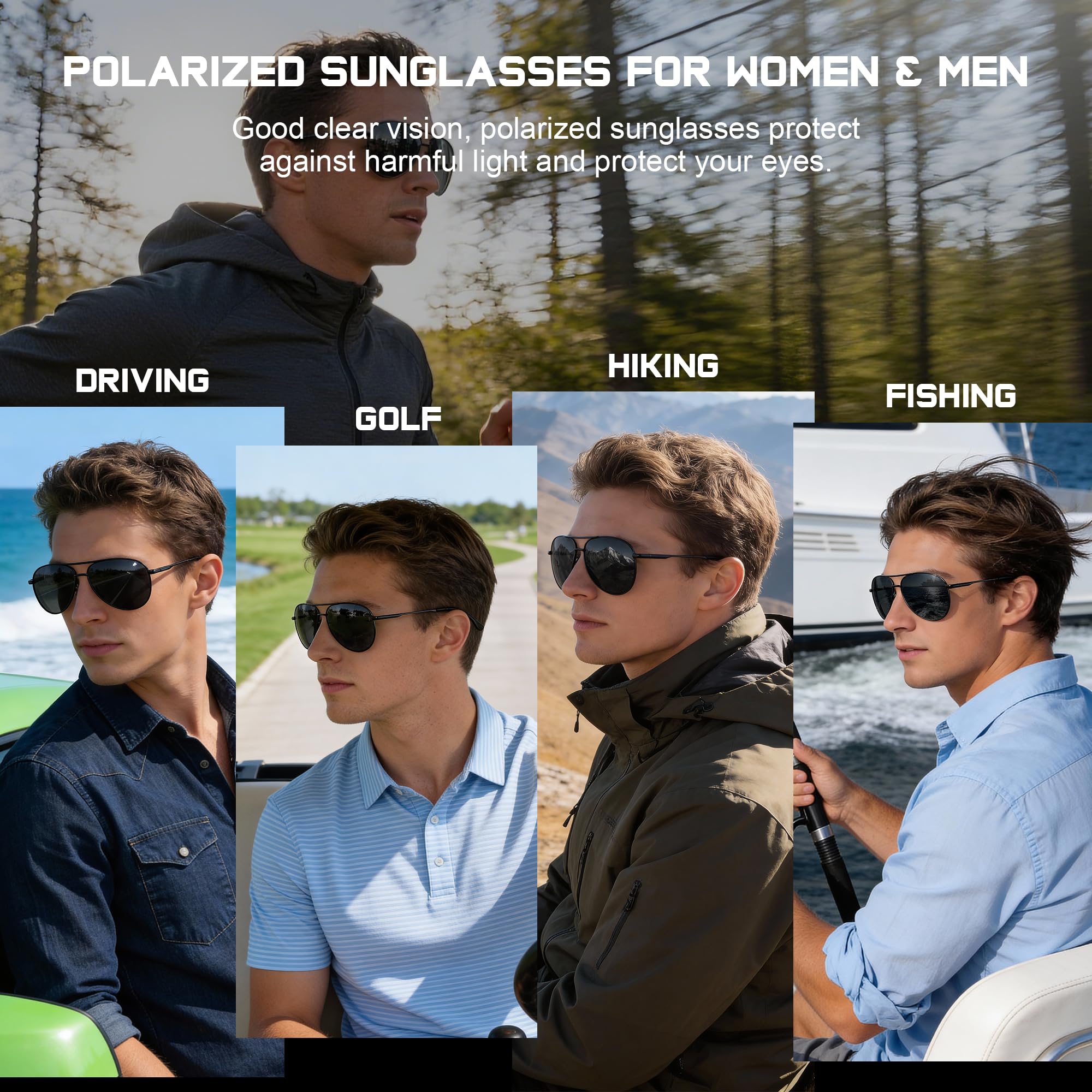 Lentes de sol polarizados para hombre, lentes de sol de aviador para hombres y mujeres, gafas de sol para pesca, conducción, marco de metal, protección UV, Marco negro A1, lente gris, Talla