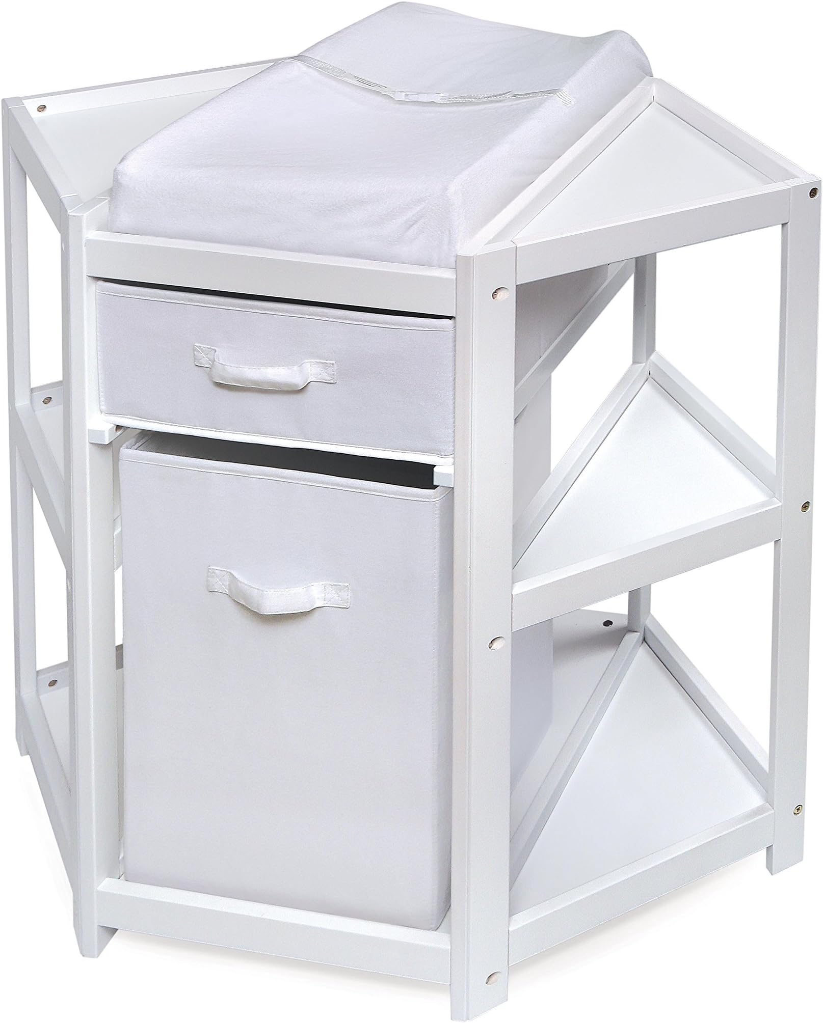 Badger BasketBadger Basket Corner Baby Changing Table - Space-Saving Diaper Changing Station for Nursery with Storage Bin, Changing Pad and Safety Belt - Organizer for Newborn and Infant Essentials - White