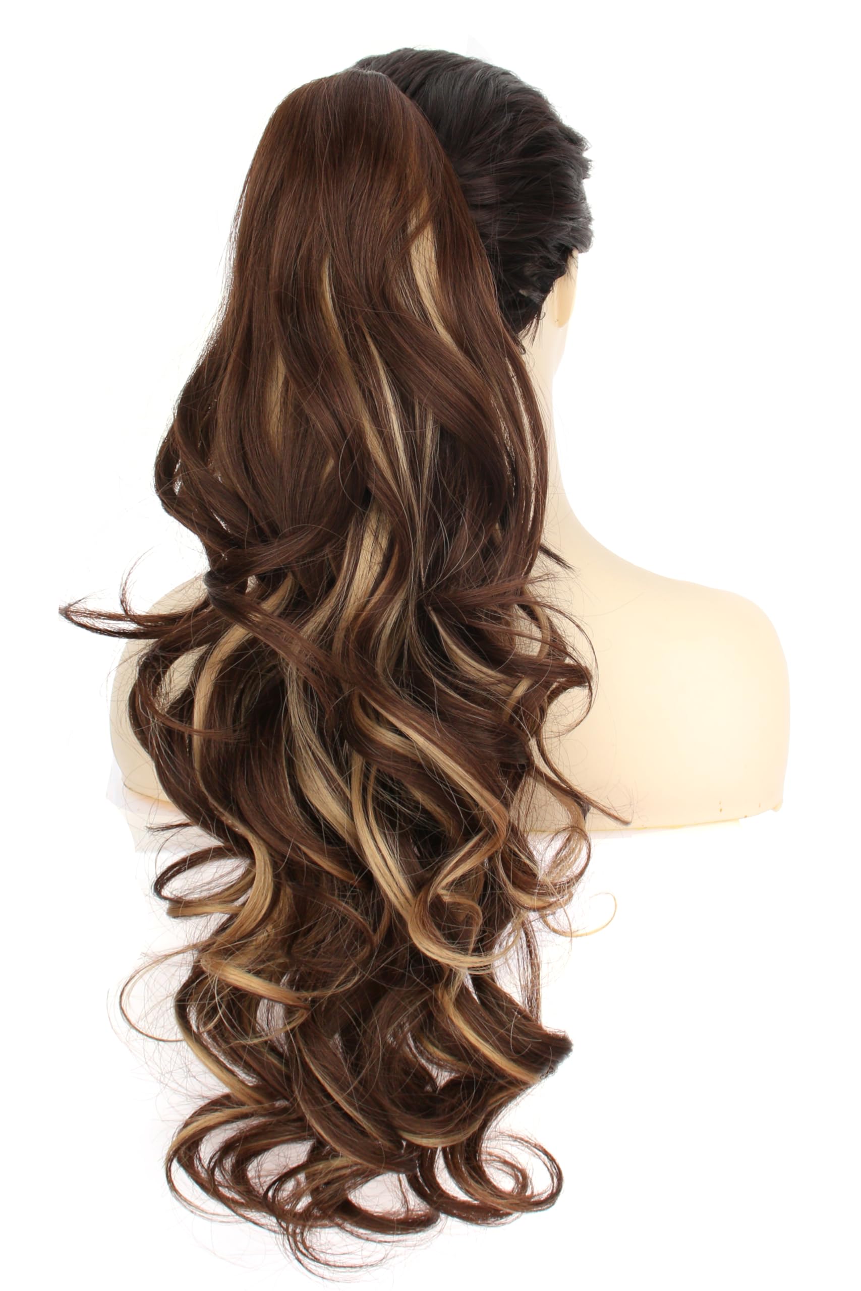 PORSMEER Ponytail Hair Extension Claw Clip in Ponytail Extensions Long Curly Wavy Ponytail Hair Extension Jaw Clip on Pony Tails Hairpiece for Women 26 inches (Chestnut Brown with Golden Highlights) - Image 3