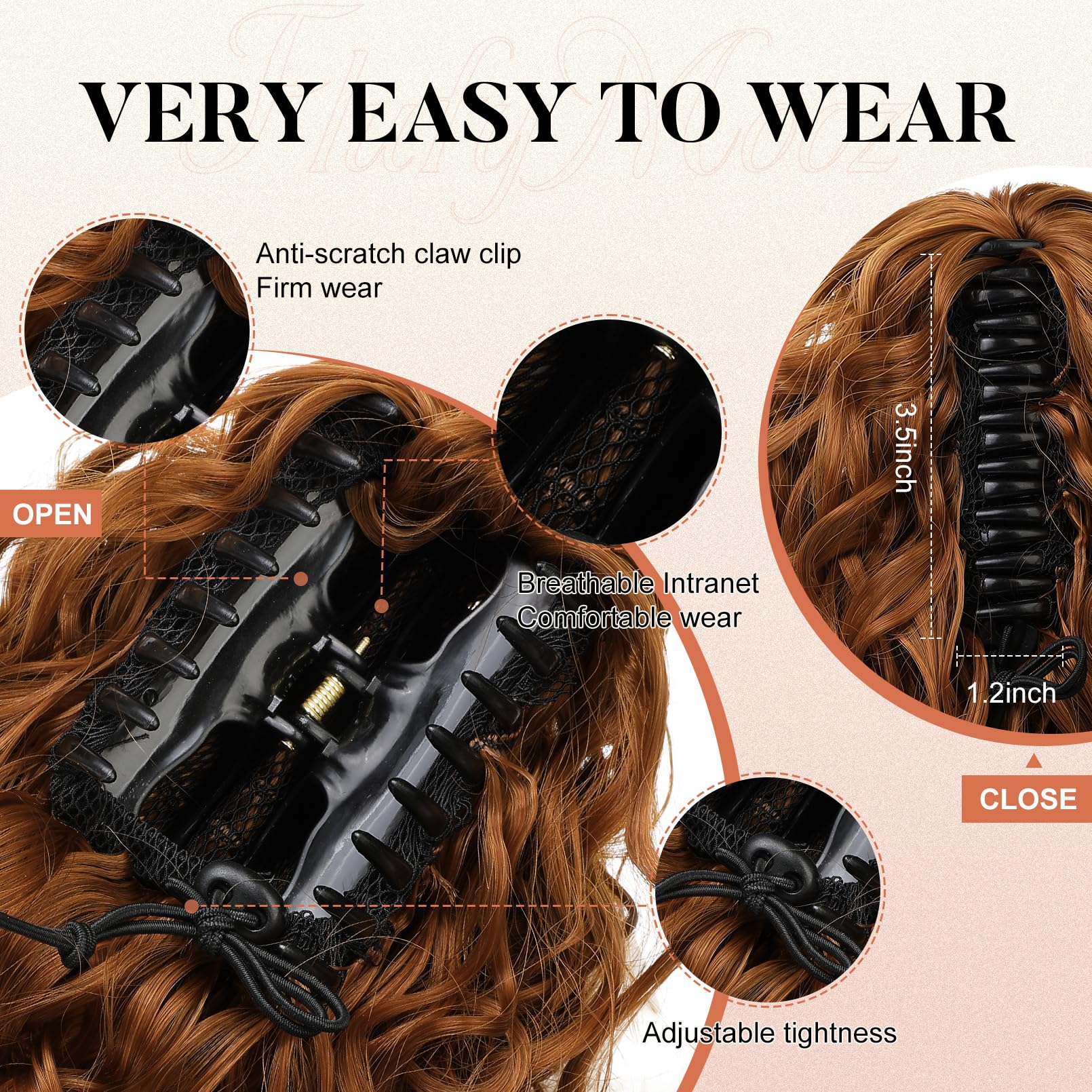 Flufymooz 12" Short Claw Ponytail Extension Wavy Curly Jaw Clip in Pony tails Hair Extension Natural Synthetic Hairpiece for Women (Copper Red) - Image 4