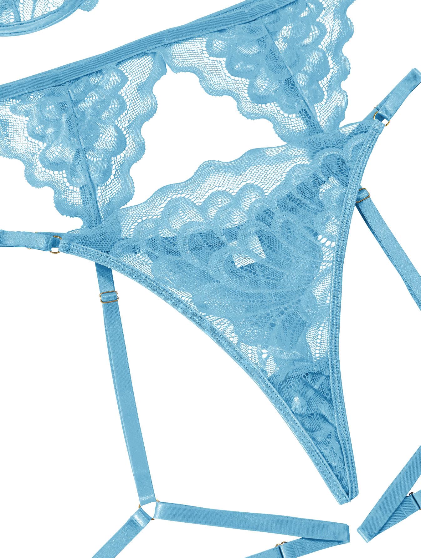 Lilosy Sexy Choker Floral Lace Underwire Push Up Garter Belt Lingerie Set for Women Sheer Bra and Panty 3 Piece