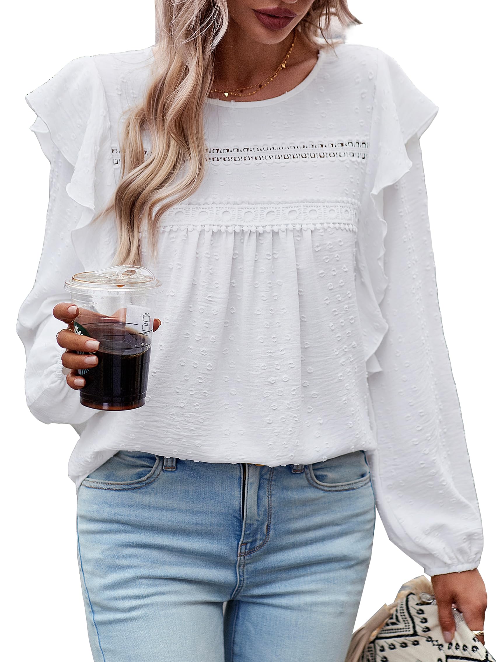 MYCOLORBLUE Blusen Tuniken für Damen Elegant Rüschenärmel Swiss Dot Spitzenbesatz Vorne Falten Streetwear Rundhals Bluse