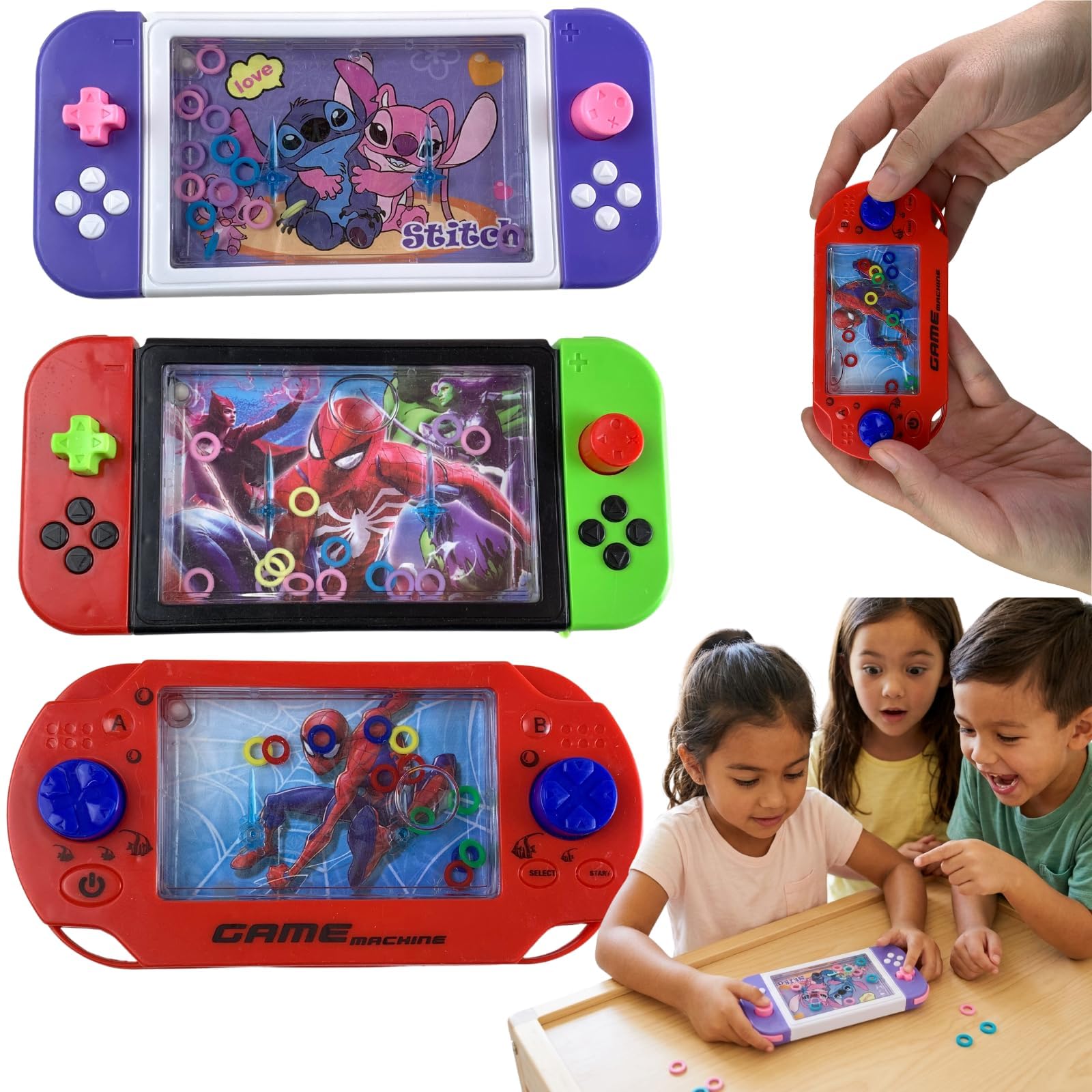 3Pcs Water Ring Game for Kids 3+, Stitch, Marvel Avengers & Spiderman Licensed Handheld Travel Toys, Retro Sensory Play, Party Bag Fillers, No Batteries — image 1