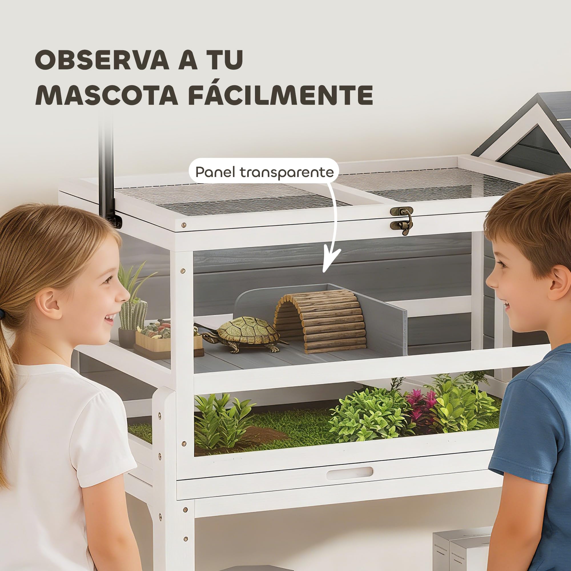 PawHut Casa para Tortugas de Madera, Terrario para Reptiles con Soporte para Lámpara Ajustable, Techos Abatibles, Bandeja Extraíble, Estante de Almacenaje y Paneles Transparentes, Caseta para Tortugas
