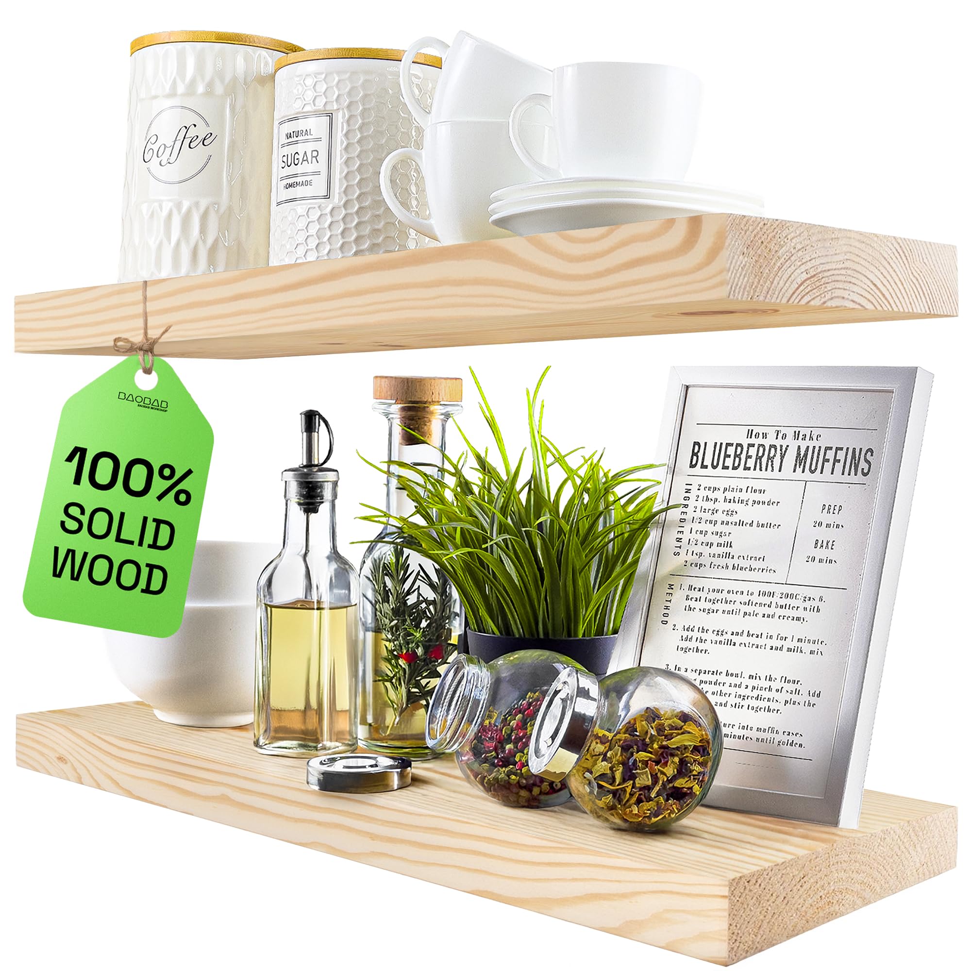 BAOBAB WORKSHOP Wood Floating Shelves for Bathroom Wall - Rustic Shelf 24 inch - Floating Wooden Shelves for Bedroom Kitchen Living Room - Natural Wood Shelves, 24W x 6.7D, Set of 2