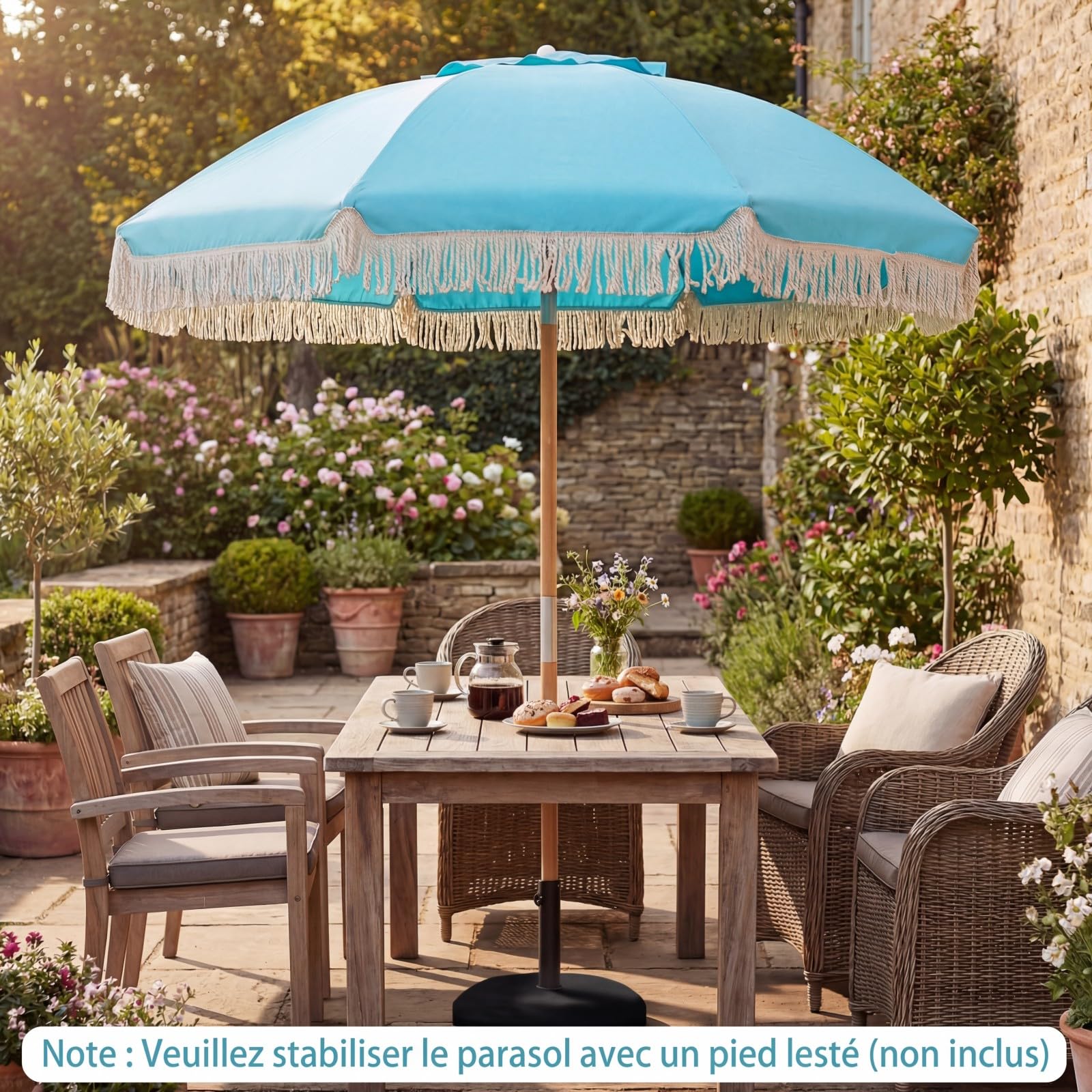 COSTWAY Parasol de Jardin Extérieur avec Franges 180 cm, Parasol Plage Inclinable, 8 Baleines Robustes, 30° Inclinaison, Ouverture Automatique, Style Bohème, pour Balcon Terrasse Piscine