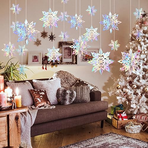 Vista 61 de 36 decoraciones de copos de nieve de Navidad, guirnalda de copos de nieve de papel blanco grande 3D para colgar copos de nieve para invierno, país