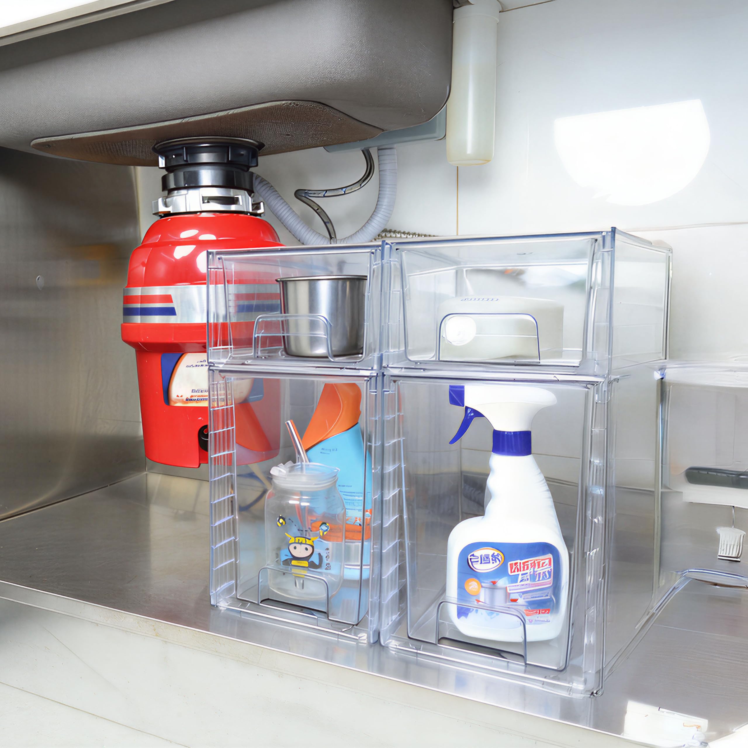 4 Cajones Apilables Transparentes, Organizadores de Plástico para Cuidado de la Piel, Baño, Cocina, Tocador, Despensa, Oficina, Armario y Almacenamiento Bajo Fregadero