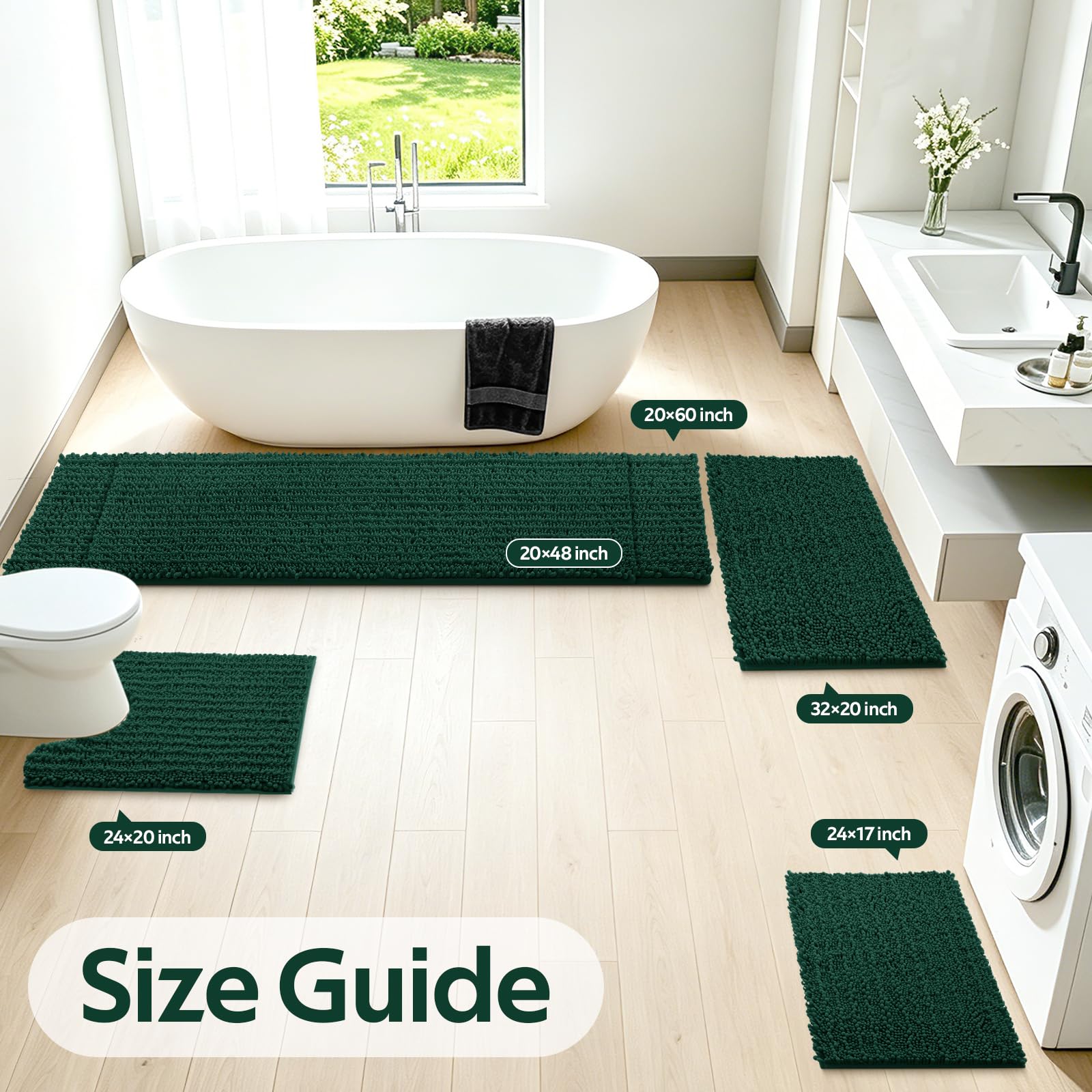 ACCUMTEK Set di 3 tappeti da bagno extra large, ultra morbidi, spessi e assorbenti, in ciniglia, antiscivolo, per bagno, camera da letto, cucina