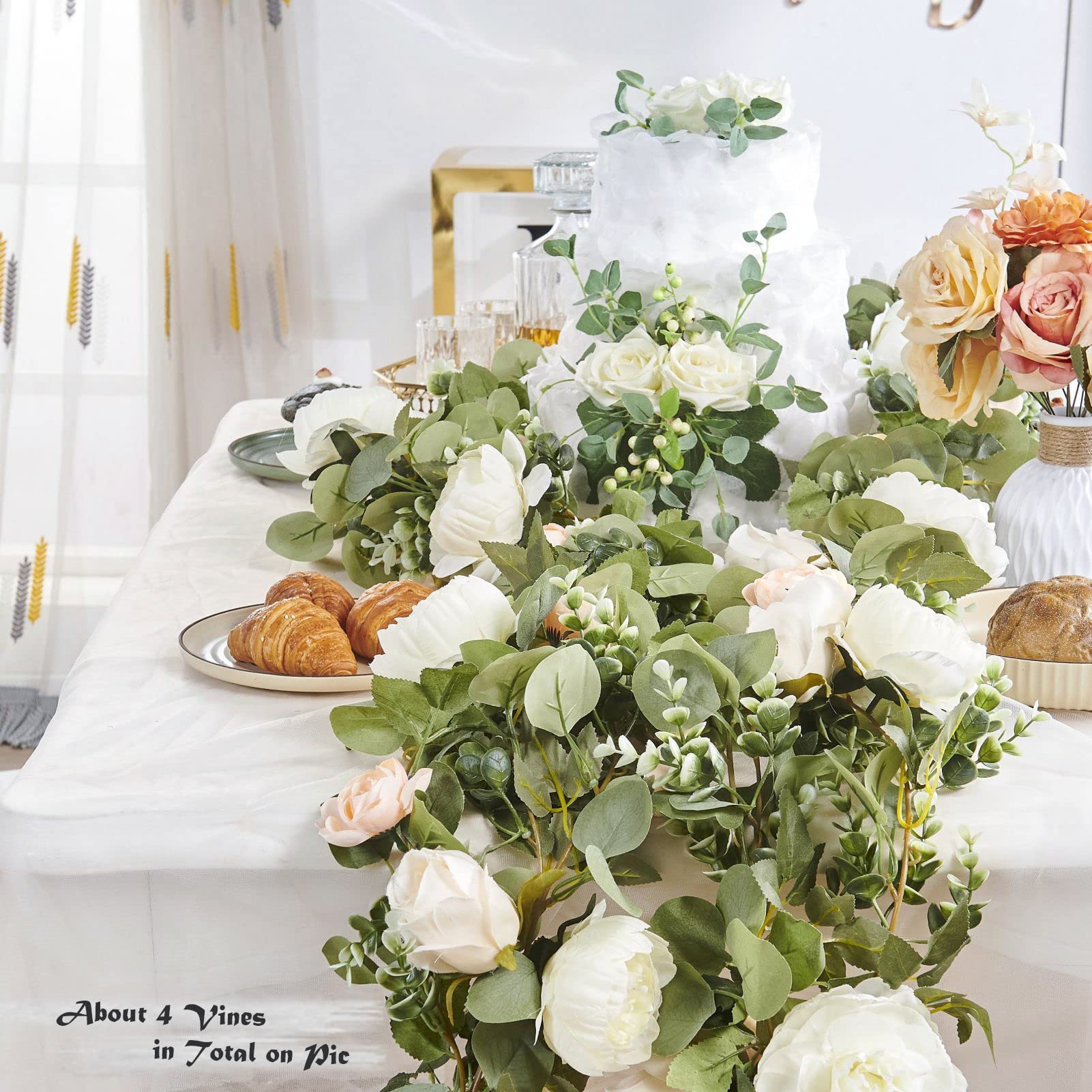 Guirnalda de Flores, Rosas Artificiales, Rosas Falsas Colgantes para decoración de Pared, Aniversario, Boda, cumpleaños, Navidad, 3 Unidades, Guirnalda Floral Blanca.