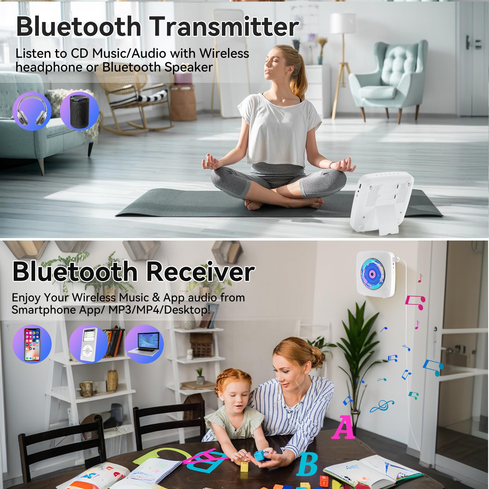 Lecteur CD Portable Bluetooth: Kegaudio Lecteurs CD Enfant avec Haut-Parleur Radio Lecteur de CD Mural avec Télécommande Prise USB AUX 3,5 mm Blanc