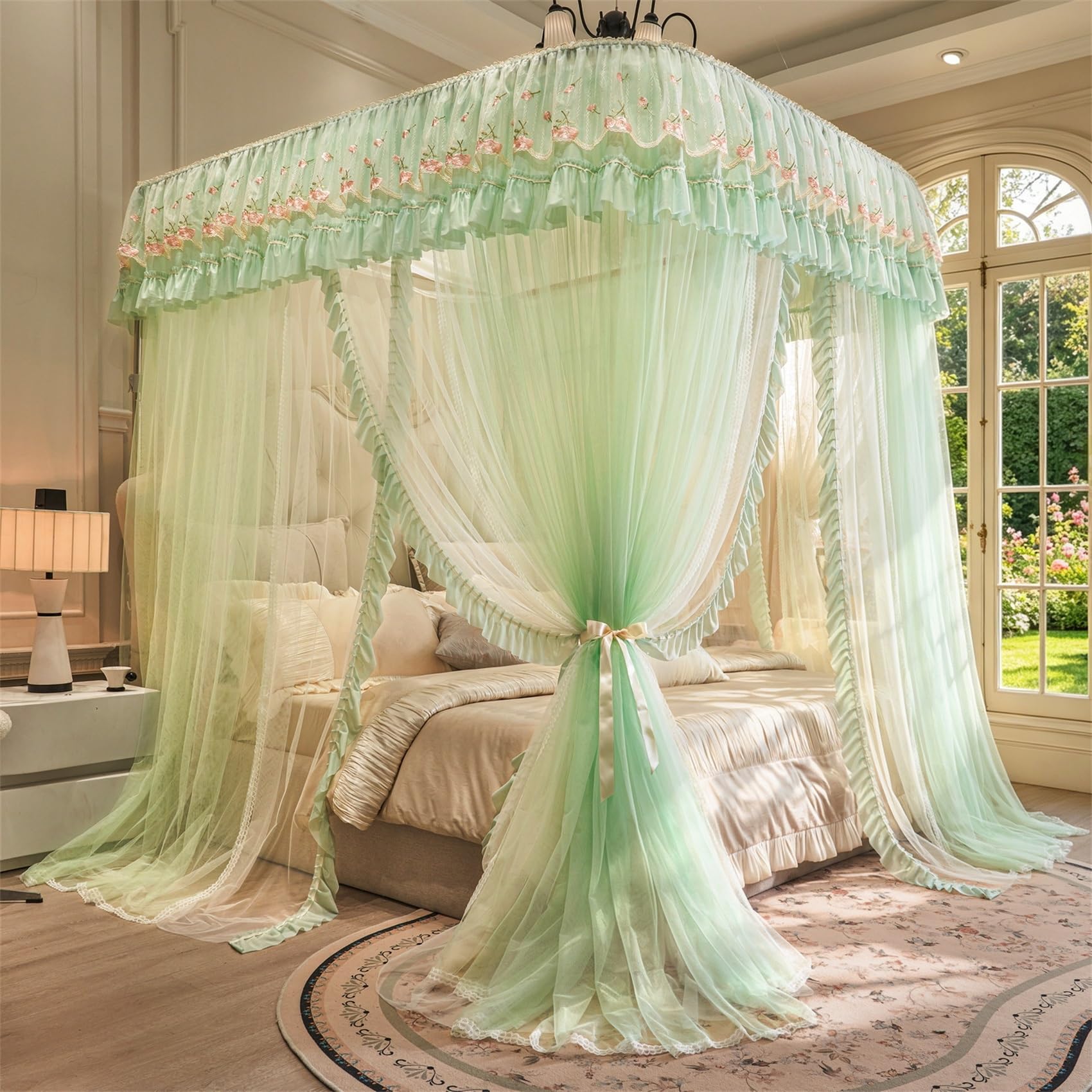 GUOIOOI Bed Canopy Curtain,Romantic Ruffle lace Princess Bed Canopy for Girls,U-Shape Double Layer Cozy Drape Bedroom Decor for Adults,Extra Tall 210cm(Green,King/2x2.2M)