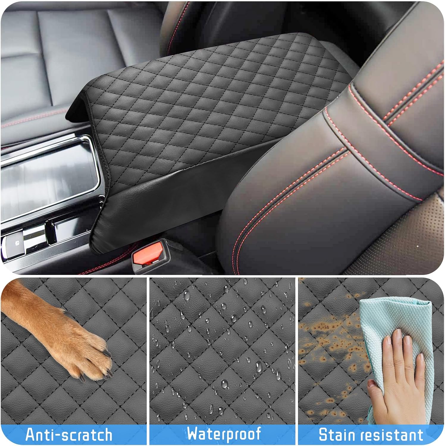 QianBao Compatible with Lincoln Corsair 2020 2021 2022 2023 2024 2025 2026 Leather Armrest Box Center Console Cover Middle Console Cover Protector Black Stitches