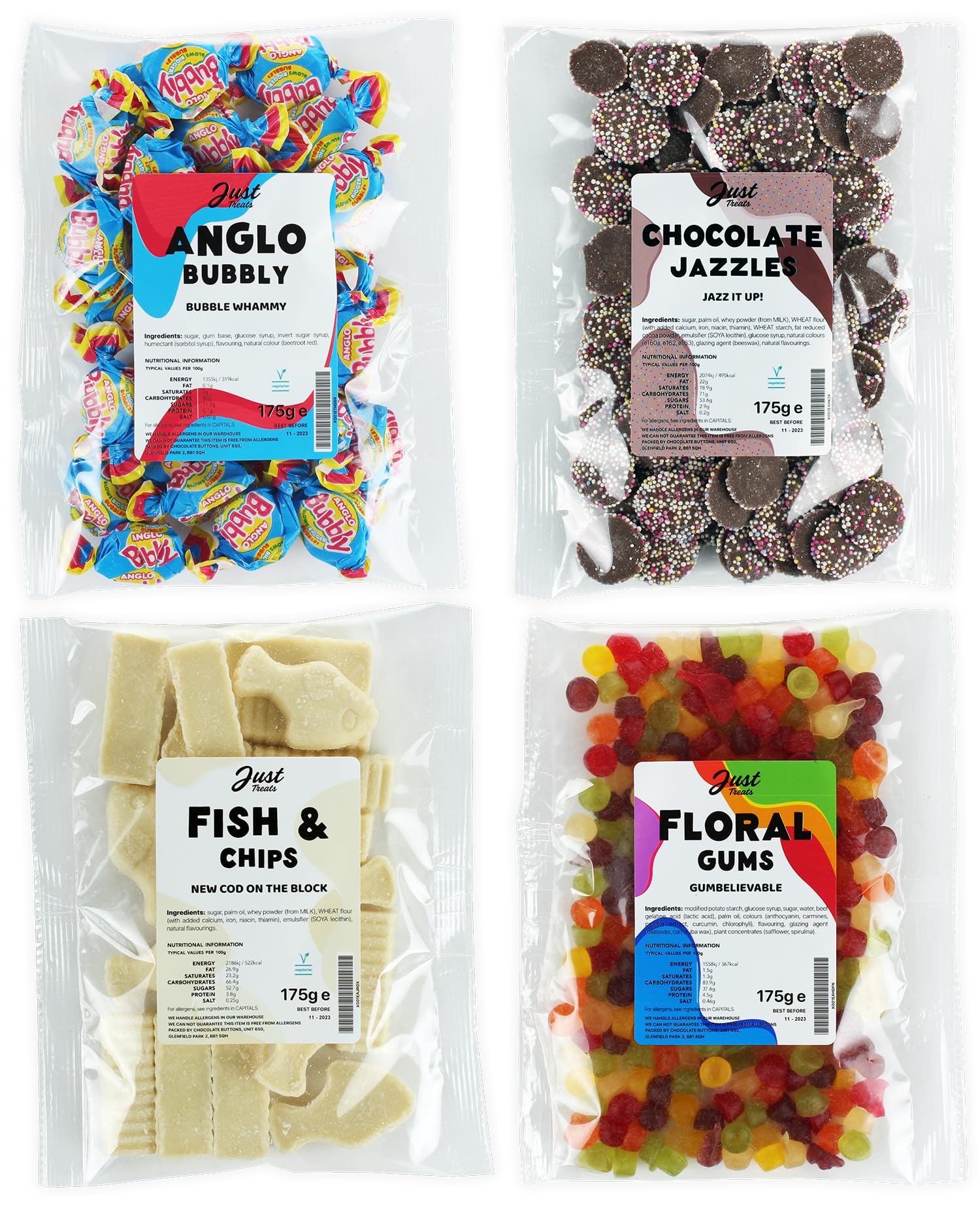 Just TreatsSweet Quartet - Anglo Bubbly, Squirrel Floral Gums, Choc Jazzles, Fish n Chips (4 x 175g Bags) - 1,5,8,26