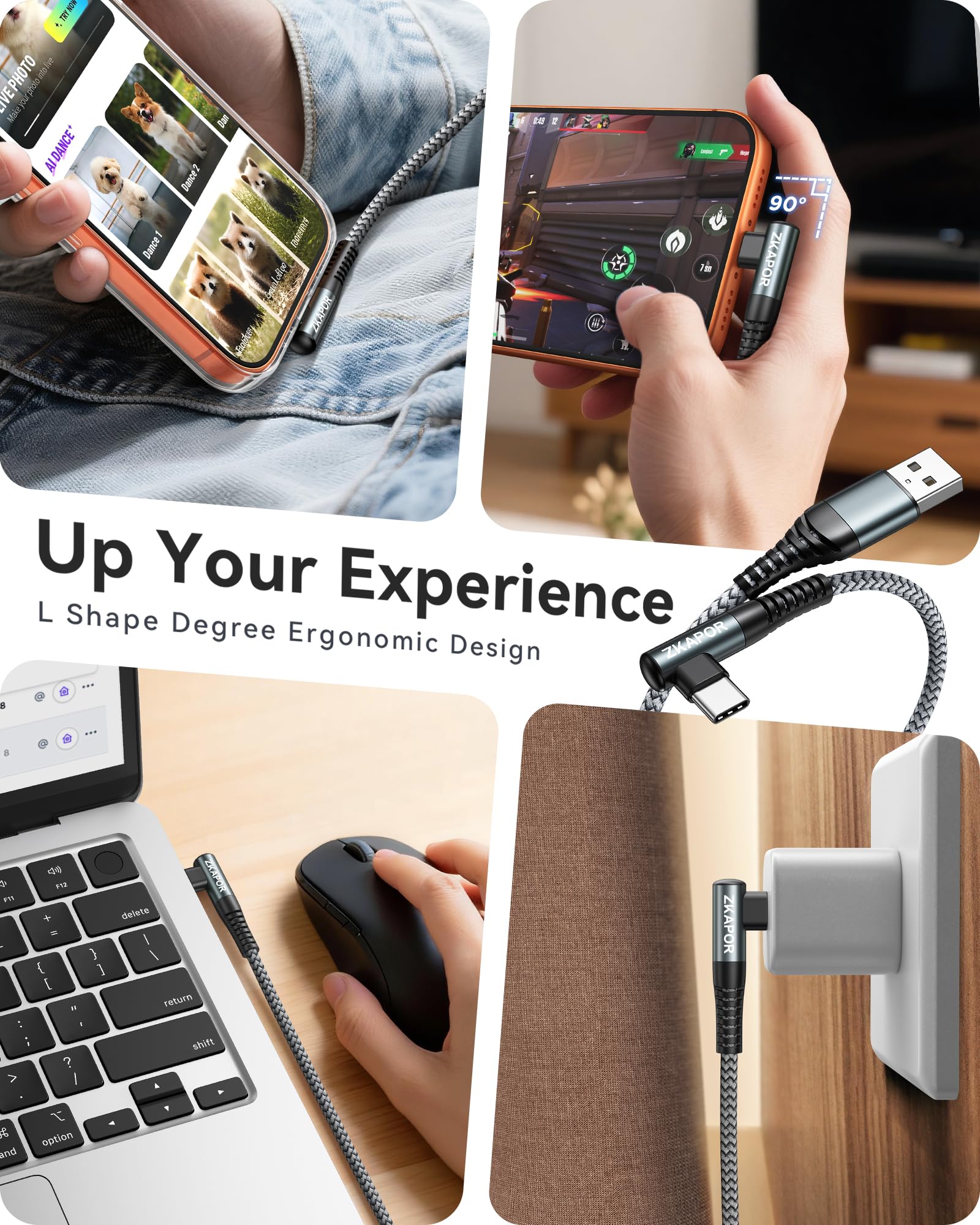 ZKAPOR Cavo USB Tipo C [2Pezzi, 2m], 90 Gradi Cavo USB C di Ricarica Rapida 3.1A Nylon Intrecciato per iPhone 15/15 Pro Max, Samsung Galaxy S23/S22/S21, Note 10, Huawei P40/P30, Google Pixel -Grigio