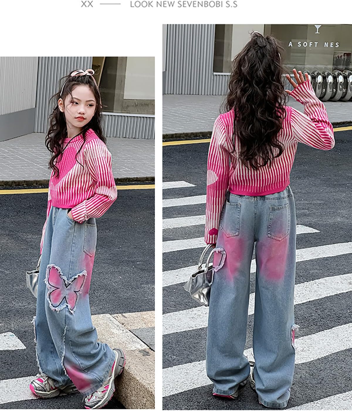 5-14 yrs Kids Girls Jeans Distressed Elastic Waist Baggy Denim Wide Leg Pants Trousers - Image 6