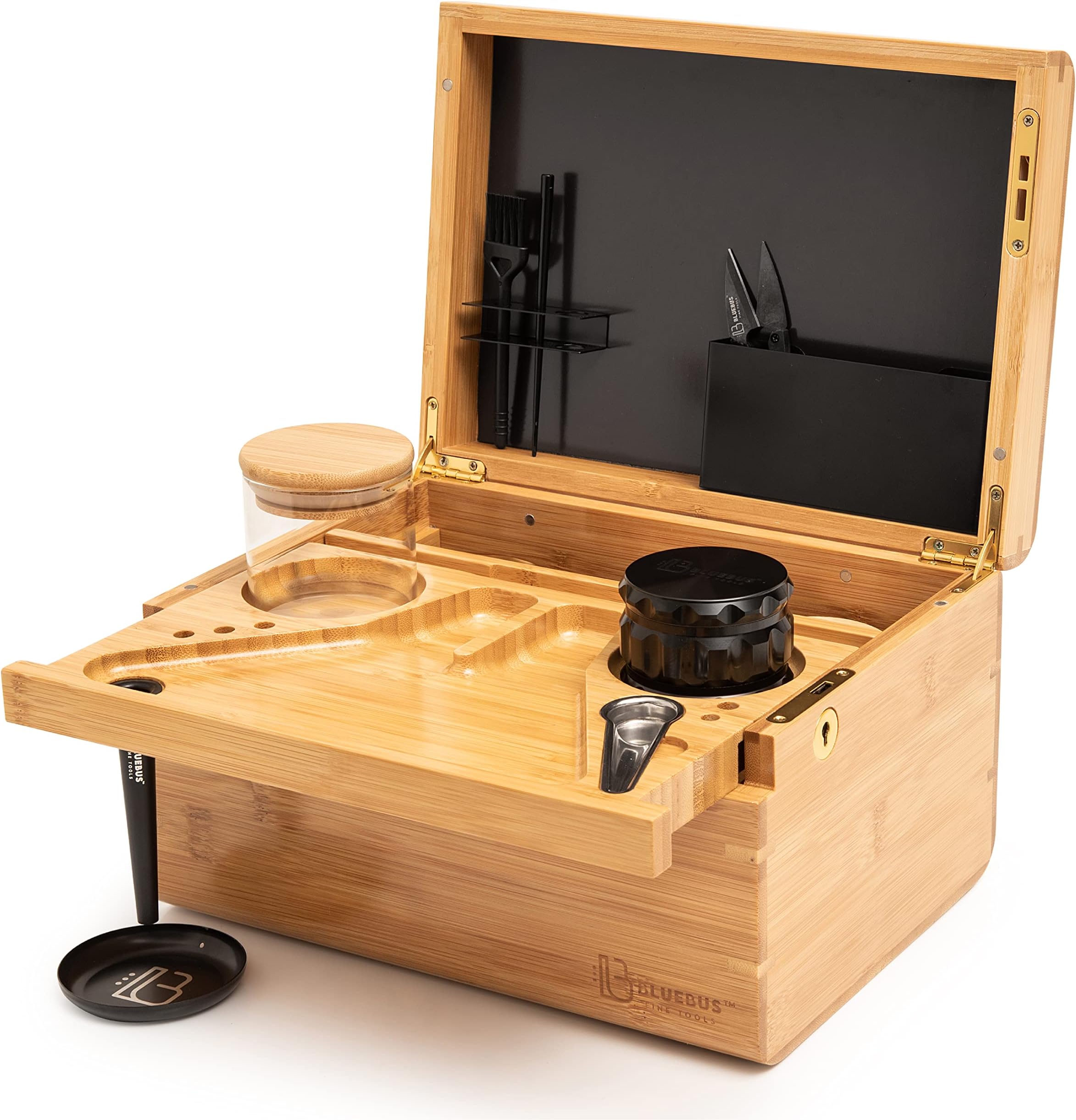 Blue BusDISCOVERY Large Wooden Box with Cone Loader - Bamboo Storage Box with Lock and Sliding Wooden Tray (10.8" L x 7.87" W x 6" H) (Natural)