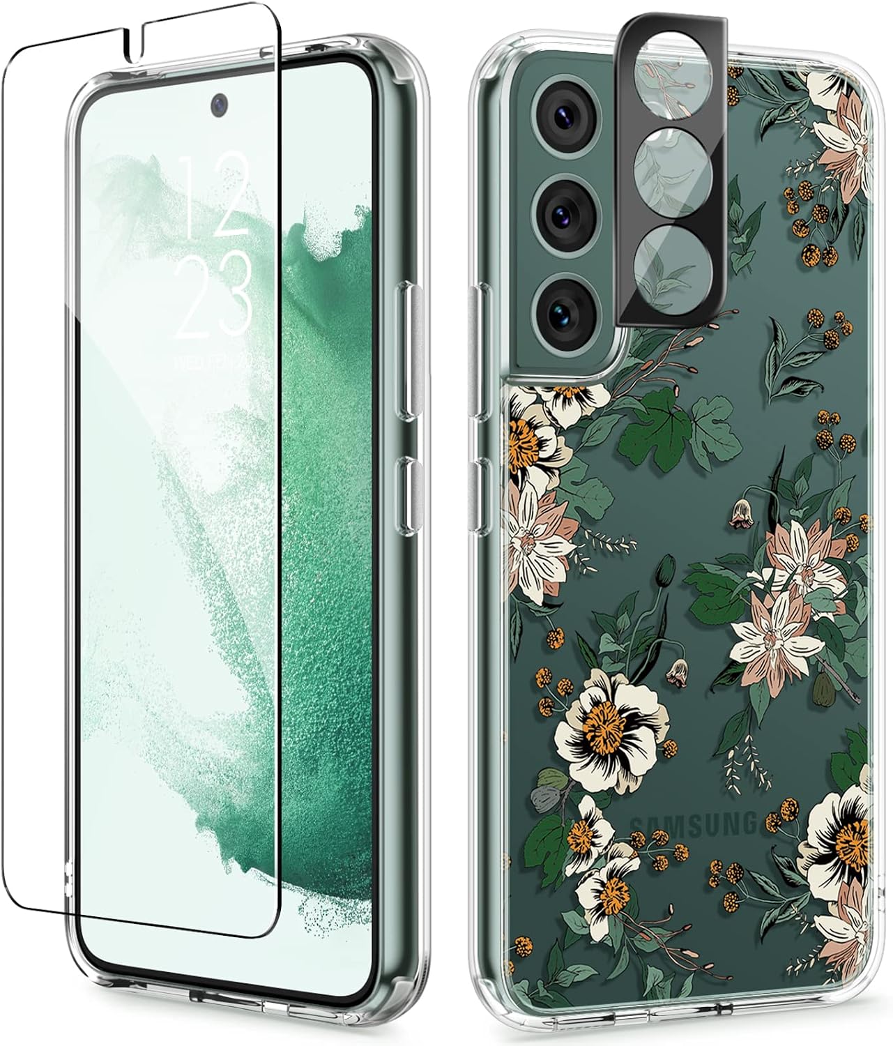 【𝟮𝟬𝟮𝟮 𝗡𝗲𝘄】GVIEWIN for Samsung Galaxy S22 Case with Screen Protector+Camera Lens Protector, Floral Slim Clear Shockproof Hard PC+Soft TPU Bumper Protective Phone Cover 6.1" 2022 (Feverfew/Green)