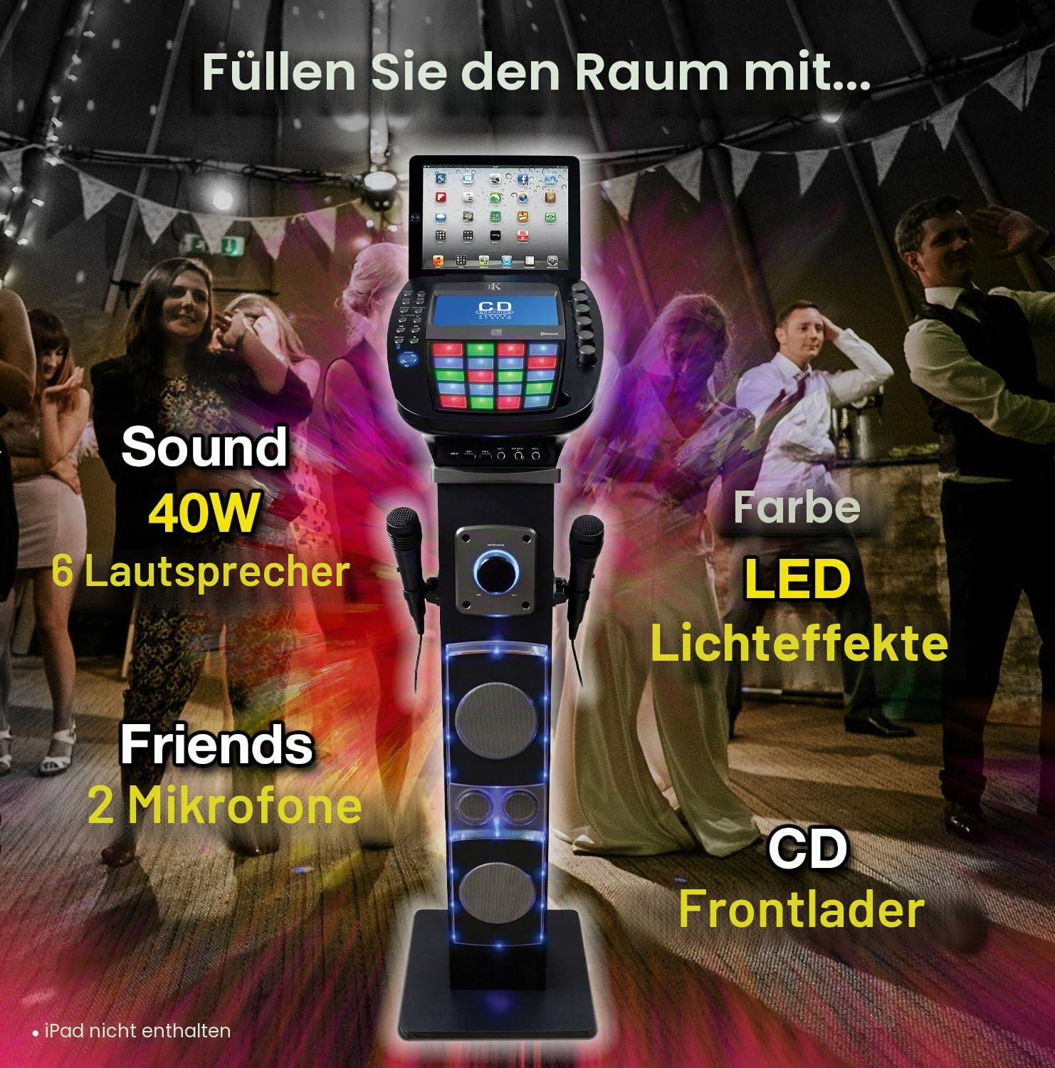 KARAOKE Easy Bluetooth System mit Lautsprechersockel - Professionelles CDG-System mit 6 Lautsprechern, LED-Disco-Lichtern, 7-Zoll-Farb-TFT-Bildschirm + 2 Mikrofone