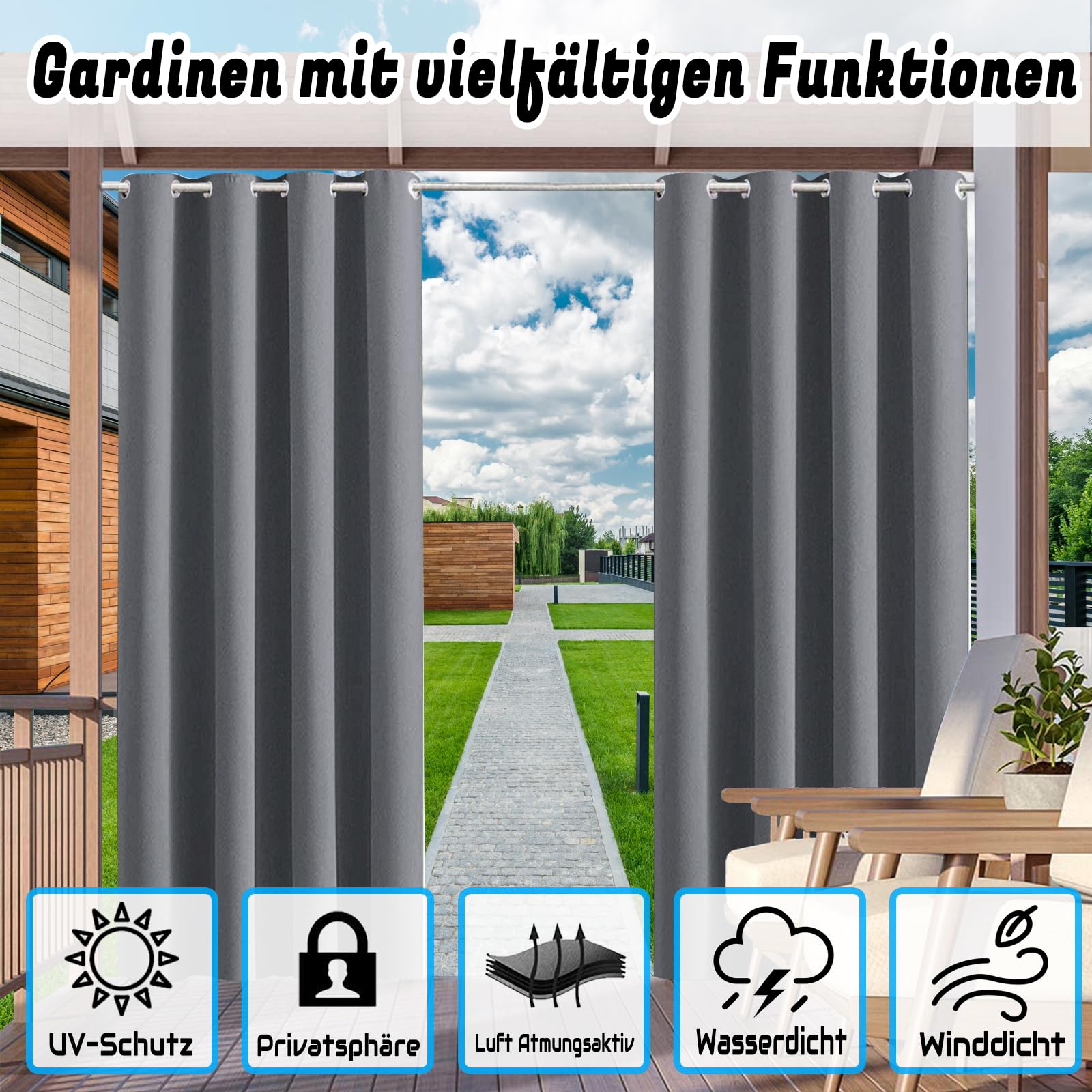 Outdoor Vorhang Wasserdicht Wetterfest, 1 Stück blickdichte Sonnenschutzgardine mit Ösen, Sichtschutz Sonnenschutz für Terrasse Garten Pavillon Veranda - H140 x B183cm