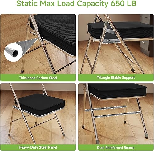 Miniatura 7 de Real Relax Sillas plegables con asiento y respaldo acolchados, tela de pana duradera, silla de oficina plegable comercial apilable con marco de