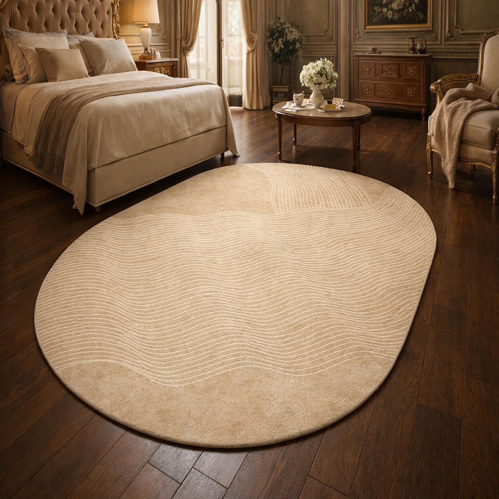 Tapis ovale salon beige 70x110 cm pour table basse et déco moderne