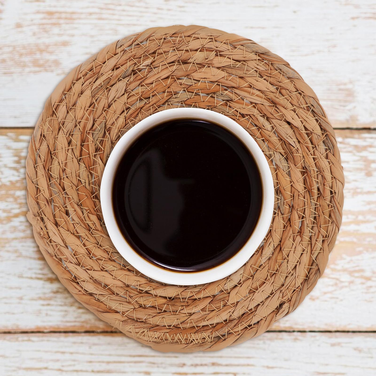 Posavasos de paja con aislamiento térmico, 4 alfombrillas redondas antideslizantes para juegos de té y mesas de comedor, protección perfecta de mesa y decoración