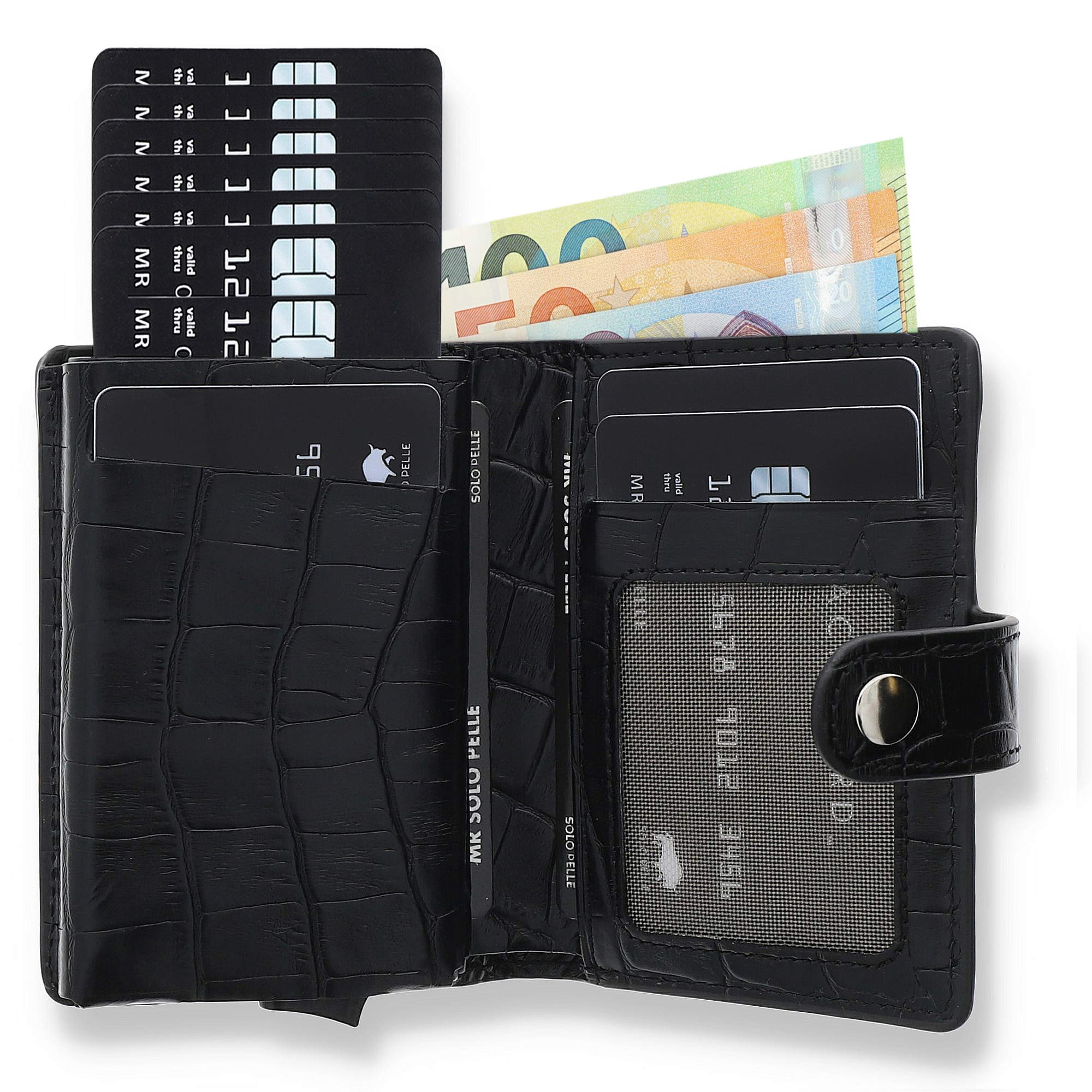 Solo Pelle Leder Geldbörse Q-Wallet mit integriertem Kartenetui für 15 Karten + Geldscheine geeignet | Kreditkartenetui mit RFID (Kroko Schwarz)