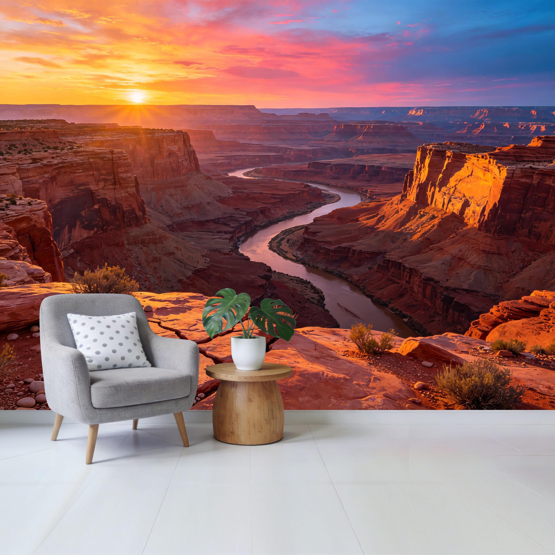 Custom Size Wall Mural Sunset Canyon Landscape River View Removable Self Adhesive Fabric Home Wall Decor for Living Room Bedroom Bathroom