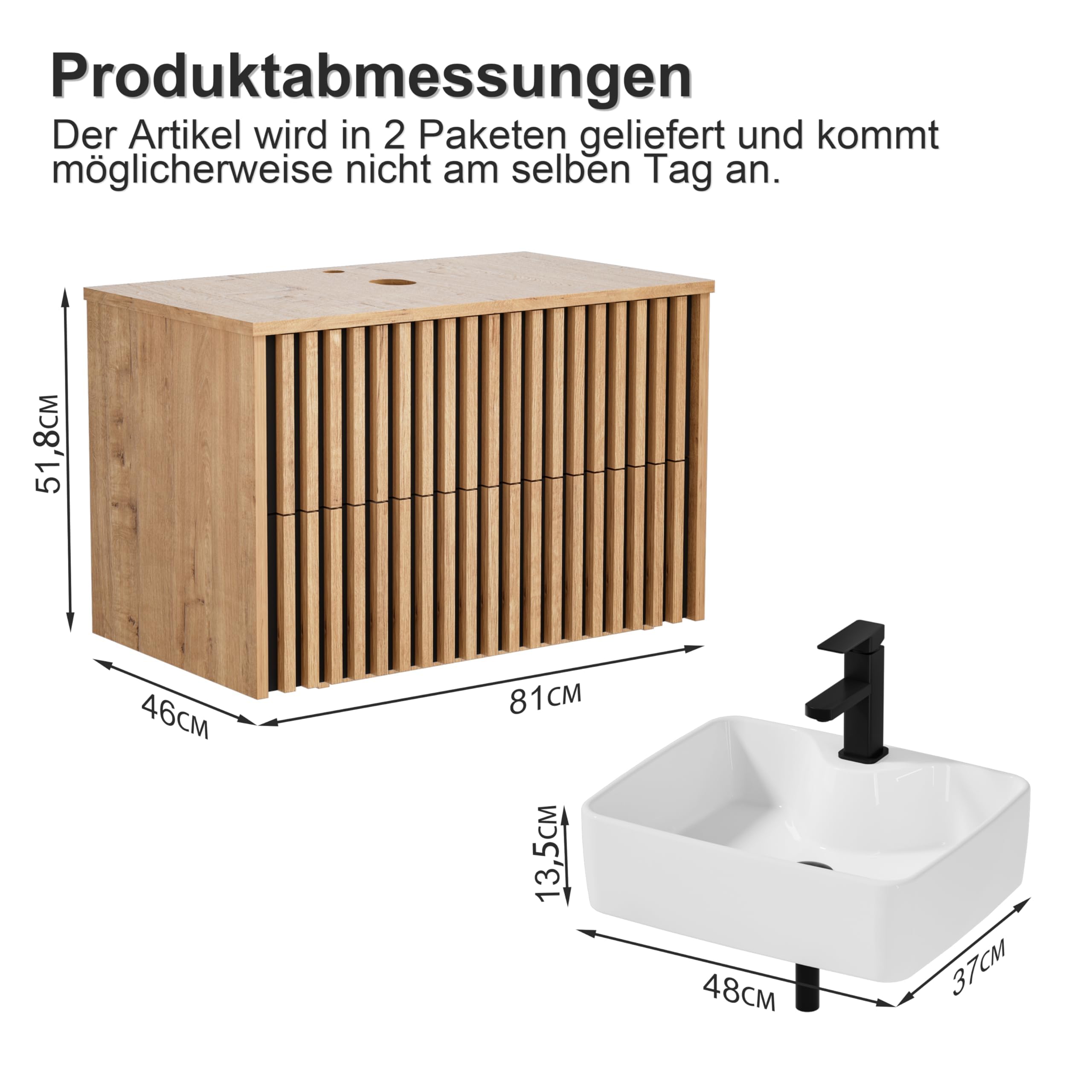 UEV Umywalka z szafką pod umywalkę, 81 cm, wisząca, szuflady z systemem miękkiego domykania, umywalka ścienna, meble łazienkowe, meble dla gości, zestaw mebli łazienkowych, kolor naturalny