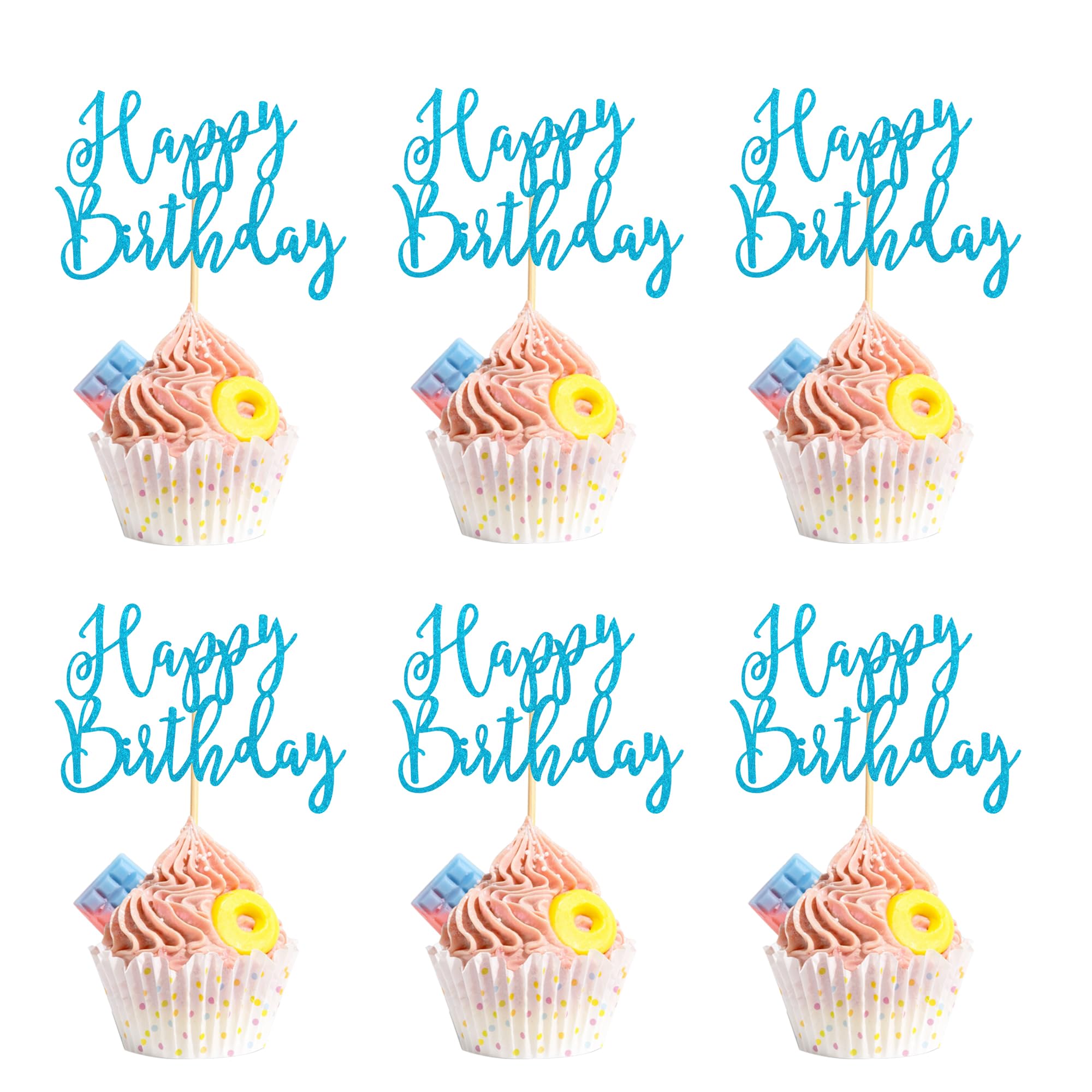 Arthsdite 36 Pcs Happy Birthday Cupcake Toppers Birthday Cupcake Food Picks for Celebrating Happy Birthday Party Cake Decorations Supplies - Bule Glitter